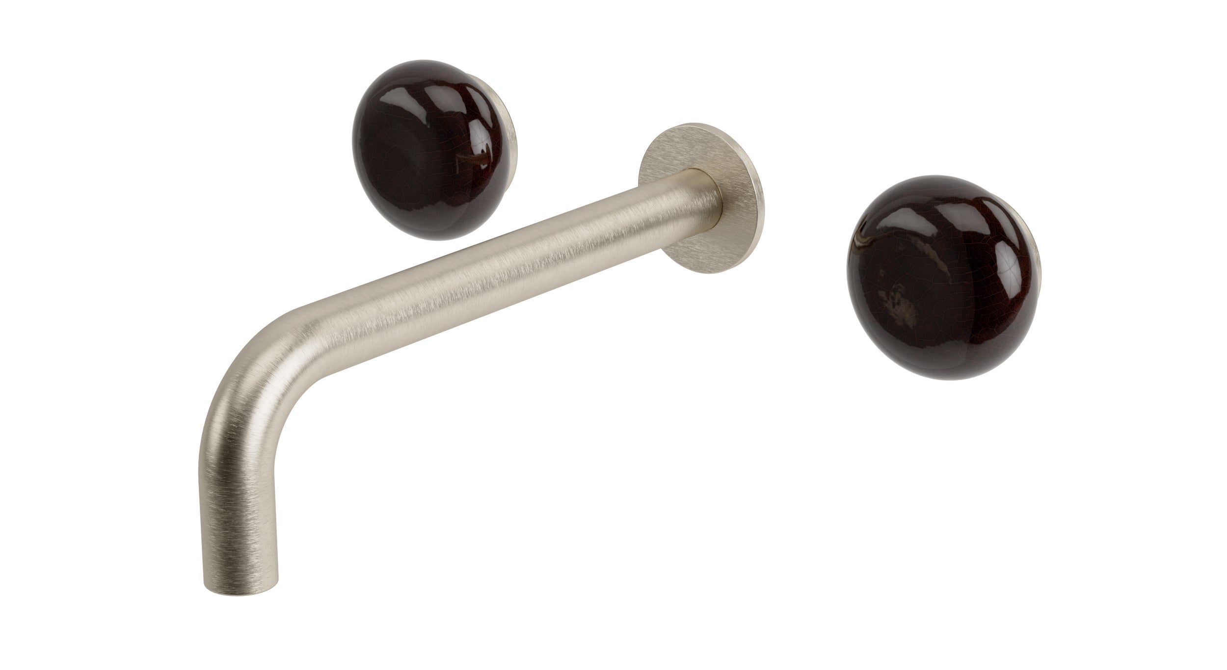 Foundry Two Handle Wall Mount 7.5" Lavatory Faucet with Pebble Ceramic Knob Handles in Satin Nickel