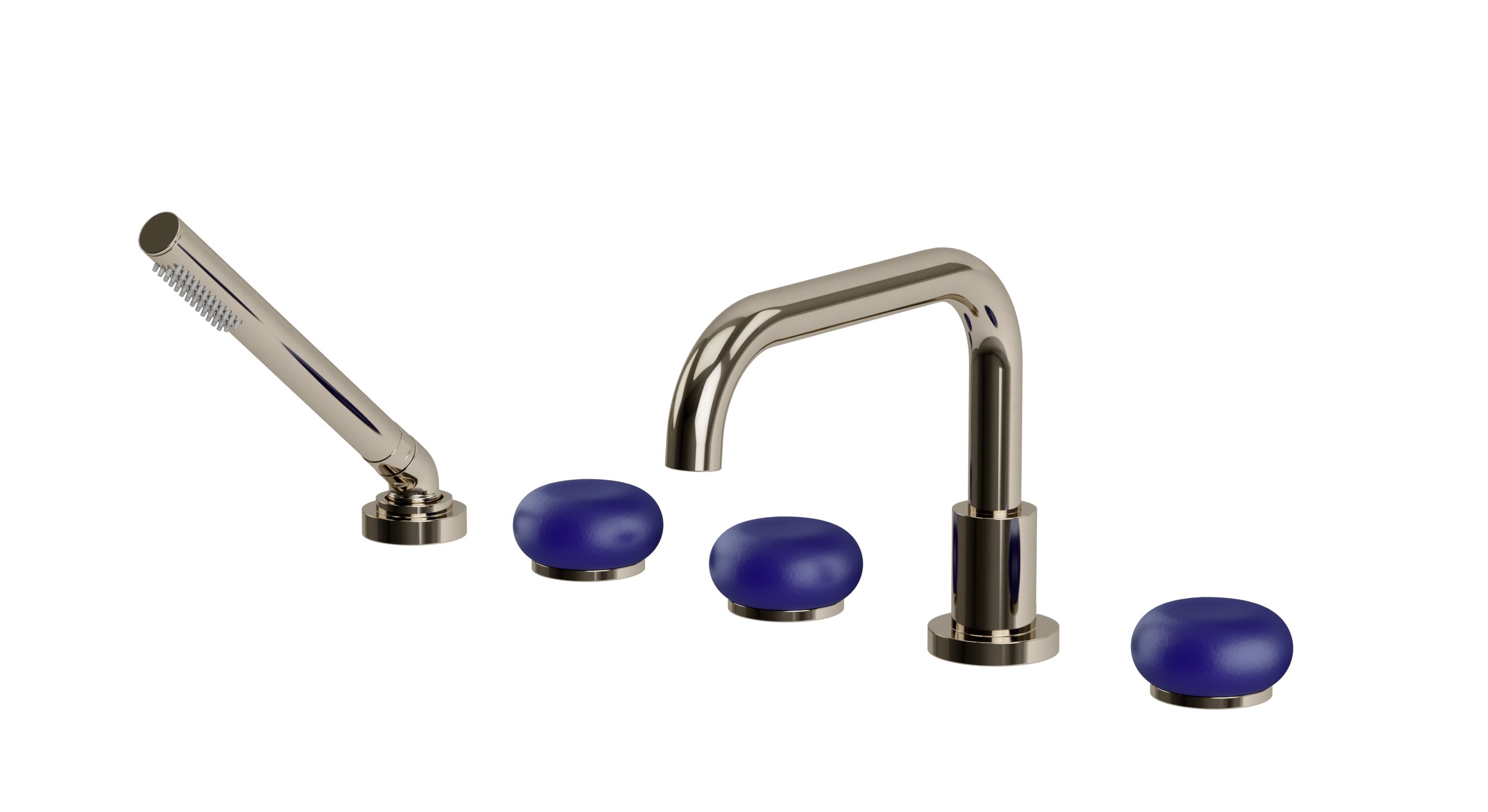 Foundry Three Handle Deck Mount Squaretop Bath Trim with Hand Shower and Pebble Ceramic Knob Handles