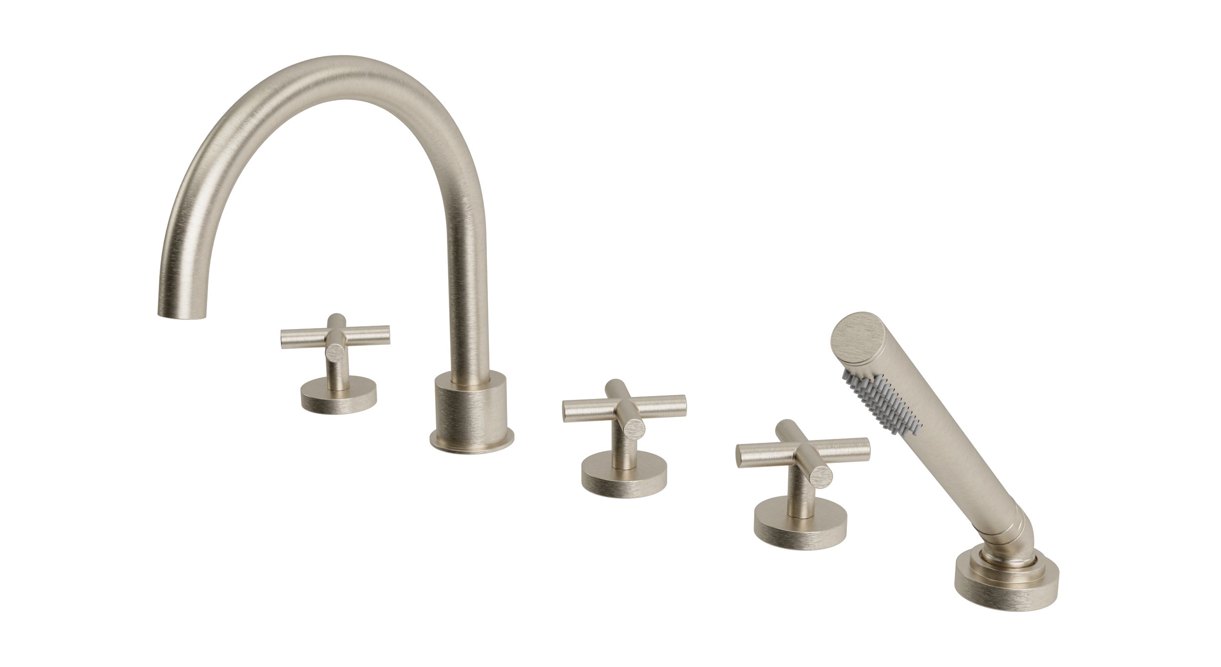 Contour Three Handle Deck Mount Gooseneck Bath Trim with Hand Shower and Soft Cross Handles in Satin Nickel