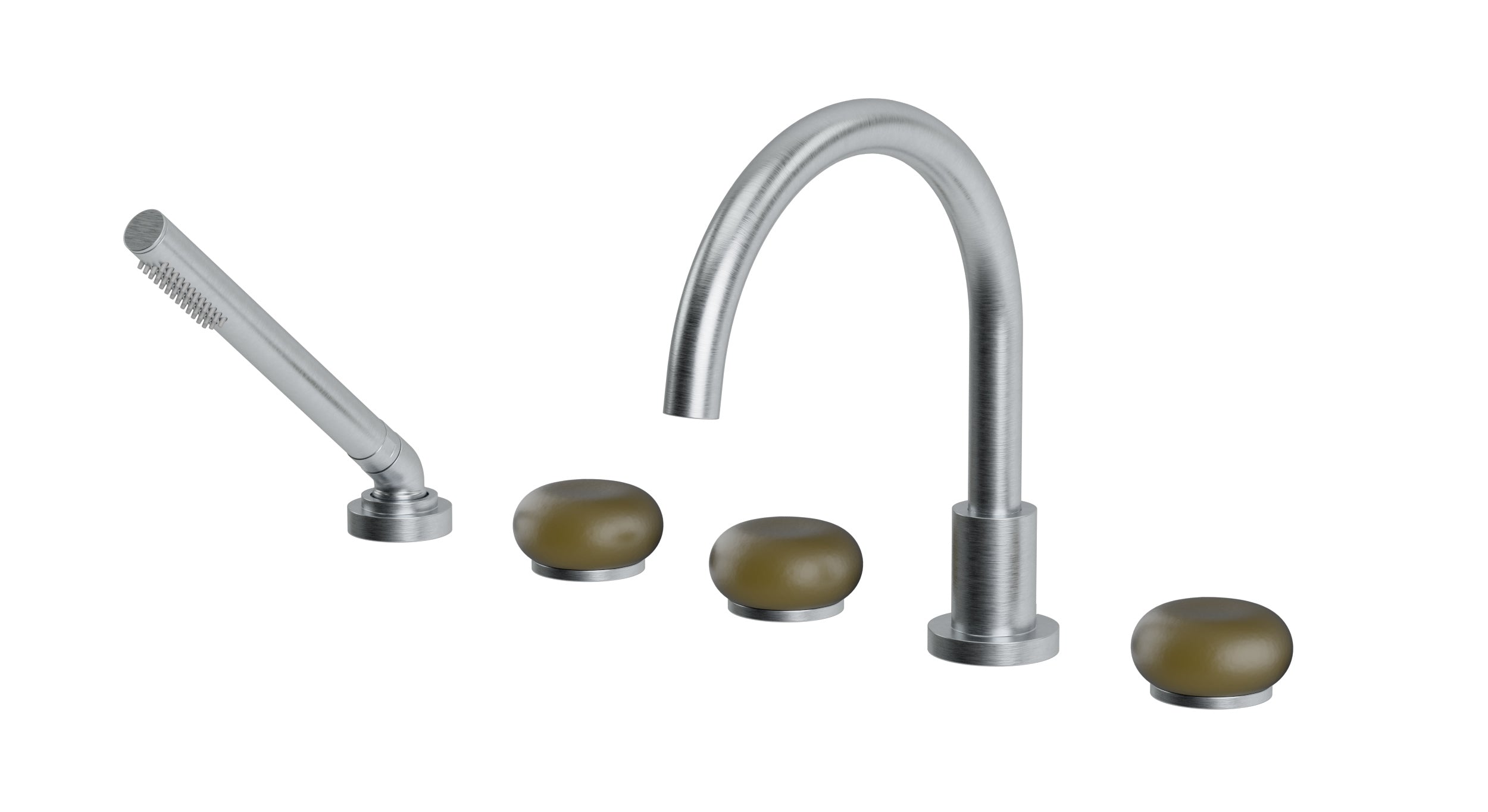 Foundry Three Handle Deck Mount Gooseneck Bath Trim with Hand Shower and Pebble Ceramic Knob Handles in Satin Chrome