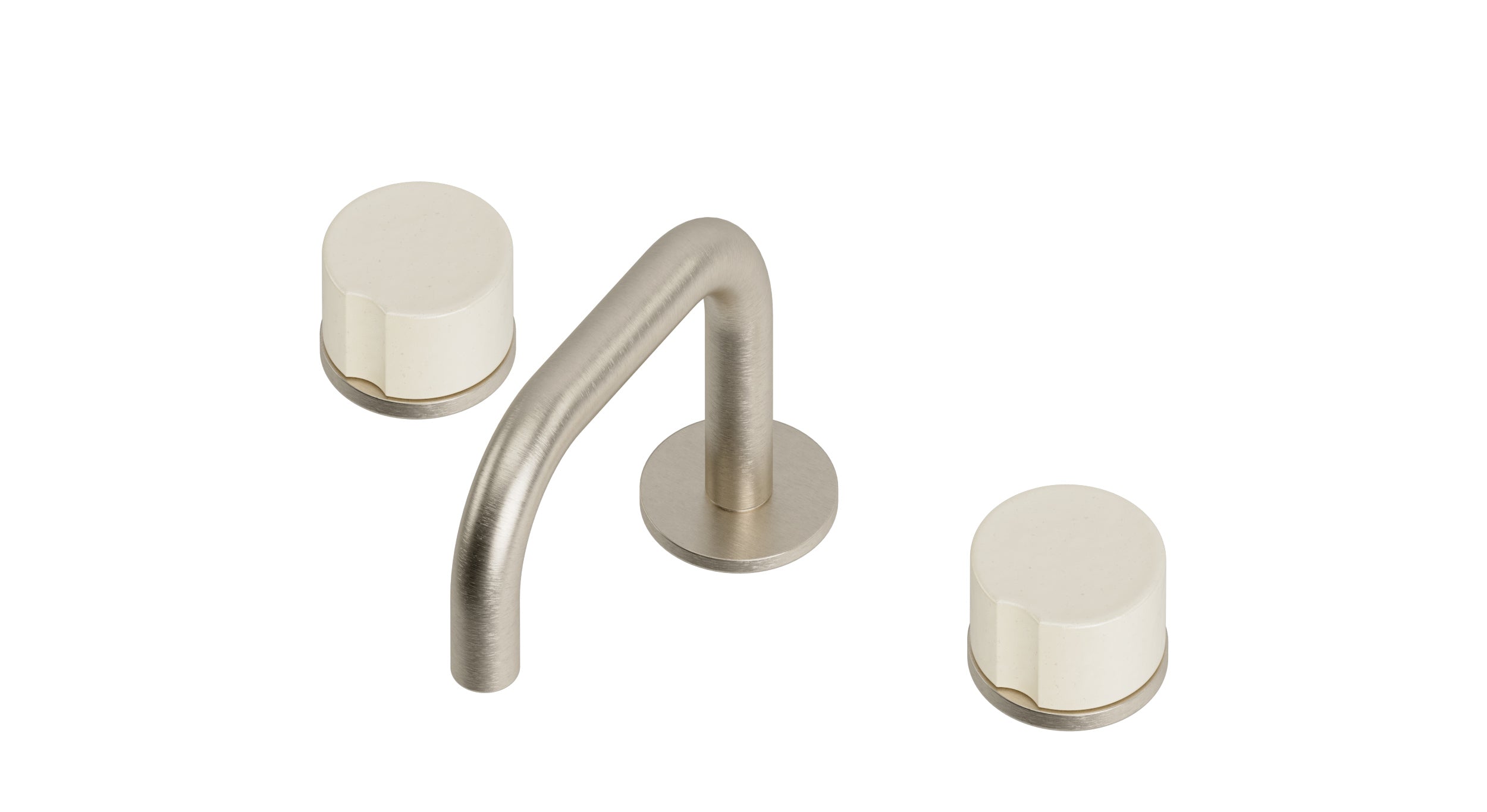 Foundry Two Handle Deck Mount Squaretop Lavatory Faucet with Groove Ceramic Knob Handles in Satin Nickel