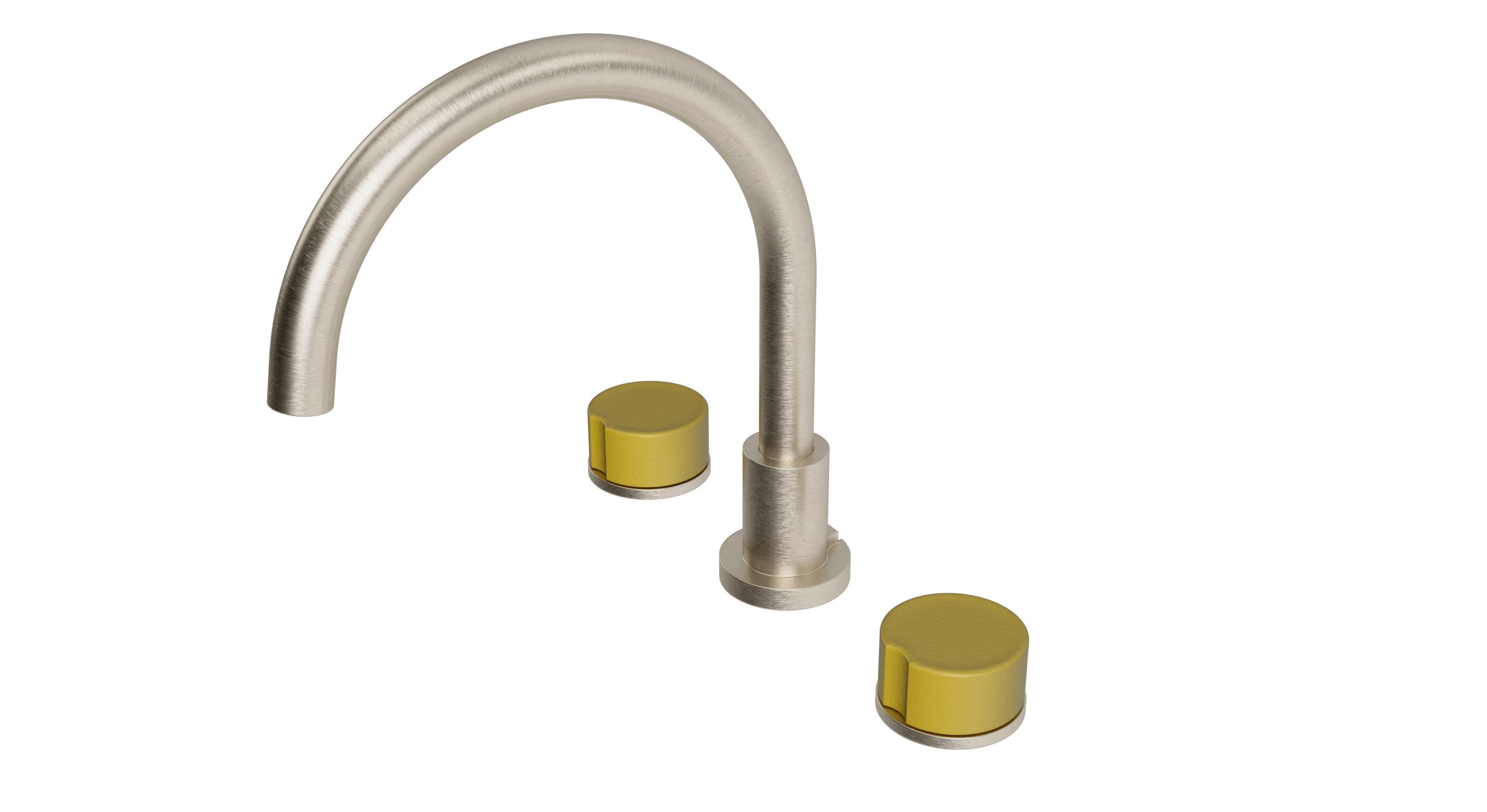 Foundry Two Handle Deck Mount Gooseneck Bath Trim with Groove Ceramic Knob Handles in Satin Nickel