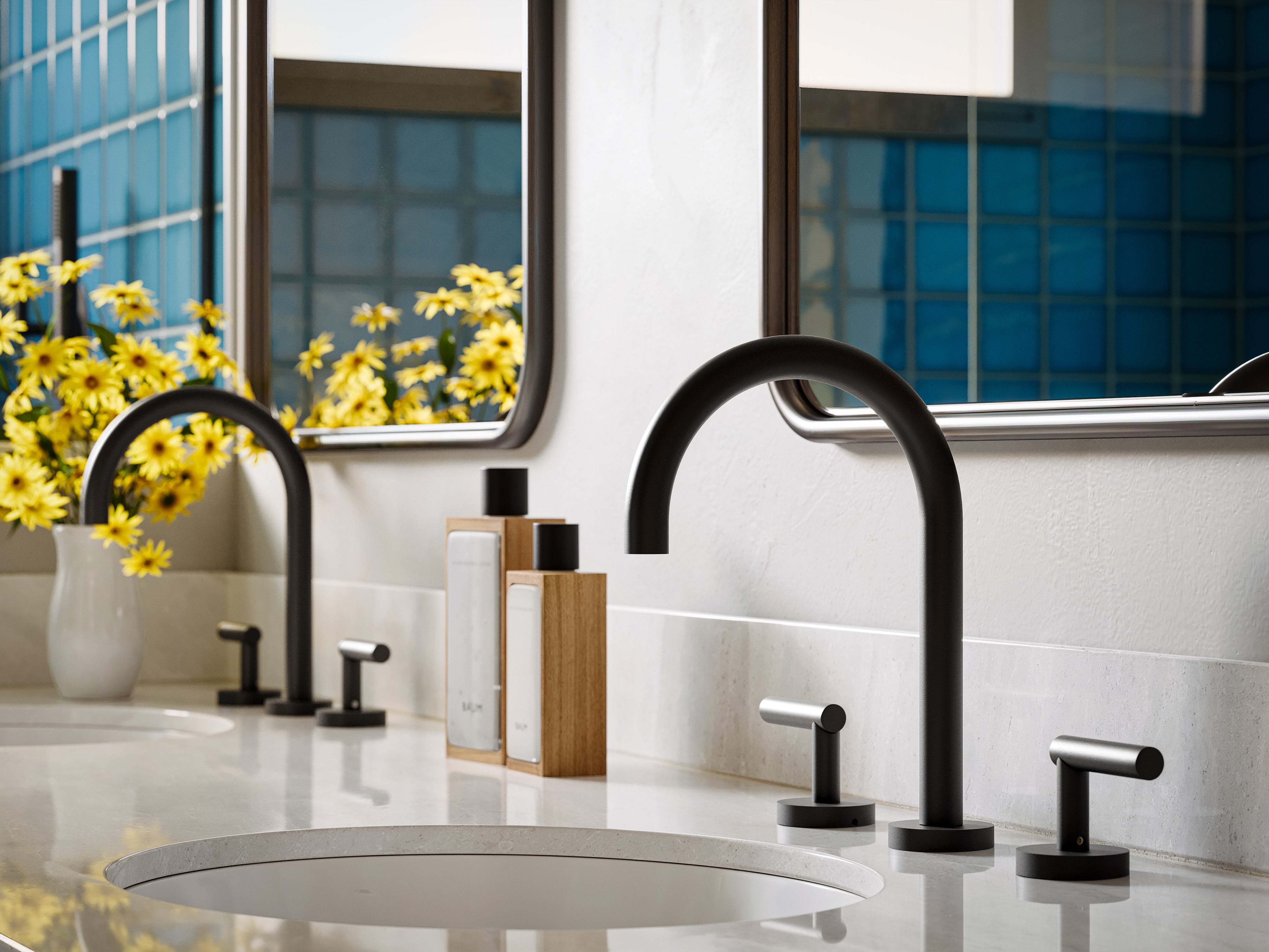 Contour Two Handle Deck Mount Gooseneck Lavatory Faucet with Soft Lever Handles in Matte Black