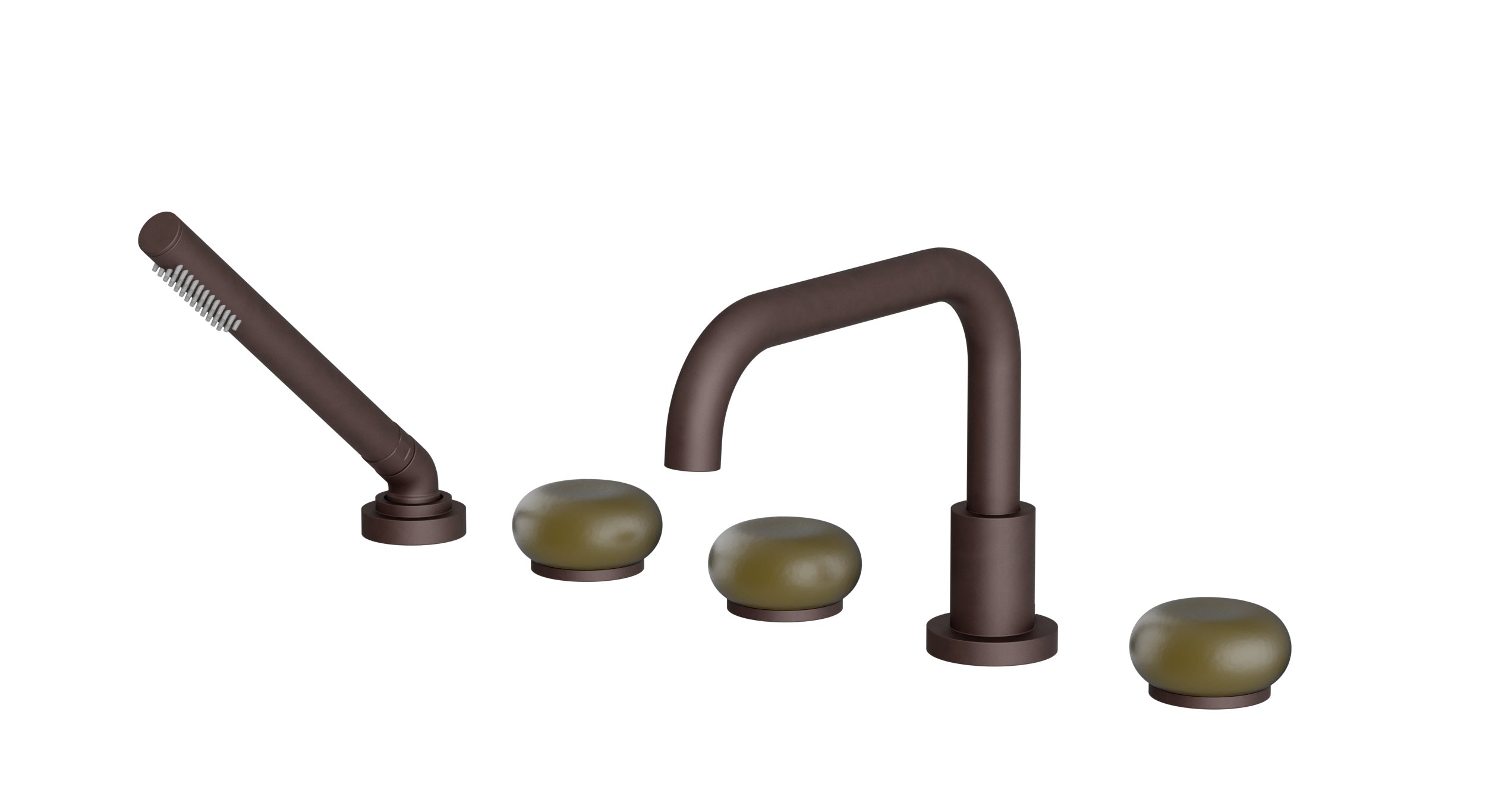 Foundry Three Handle Deck Mount Squaretop Bath Trim with Hand Shower and Pebble Ceramic Knob Handles in Architectural Copper