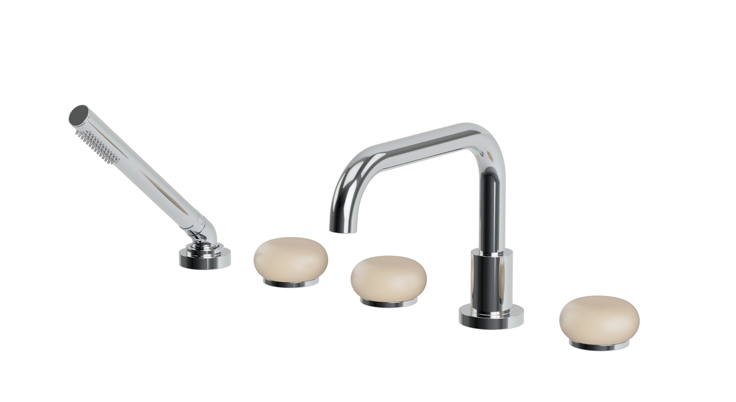 Foundry Three Handle Deck Mount Squaretop Bath Trim with Hand Shower and Pebble Ceramic Knob Handles in Polished Chrome