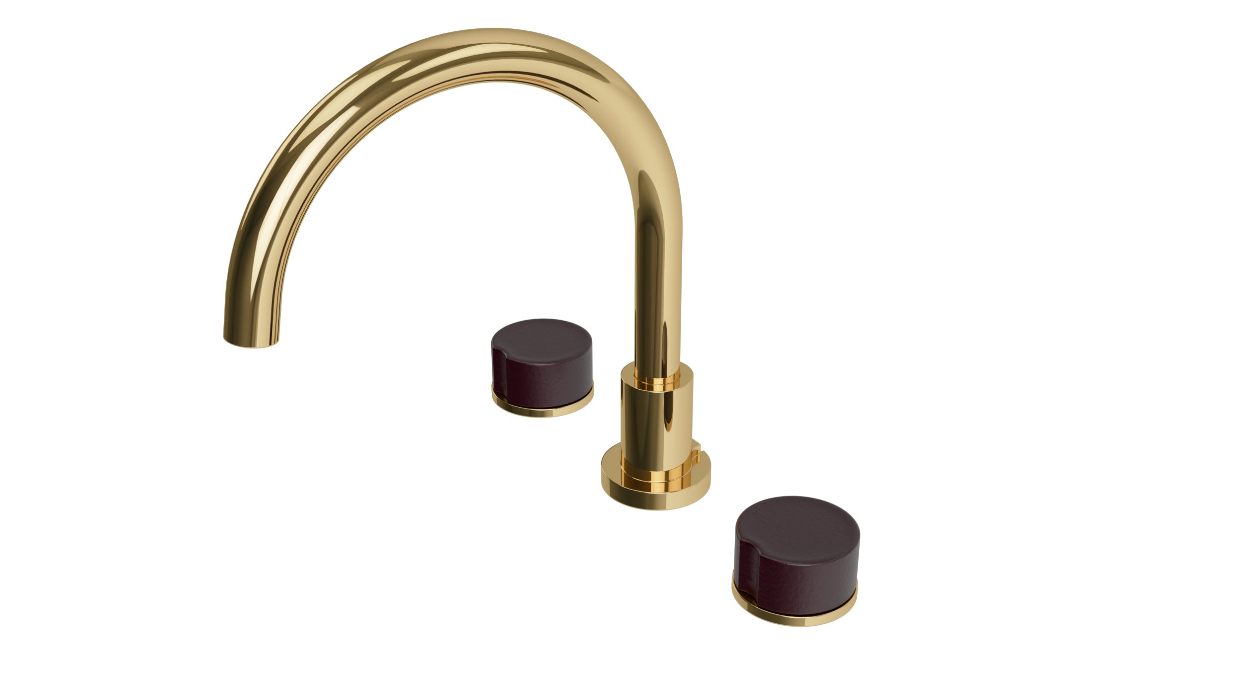 Foundry Two Handle Deck Mount Gooseneck Bath Trim with Groove Ceramic Knob Handles in Polished Brass