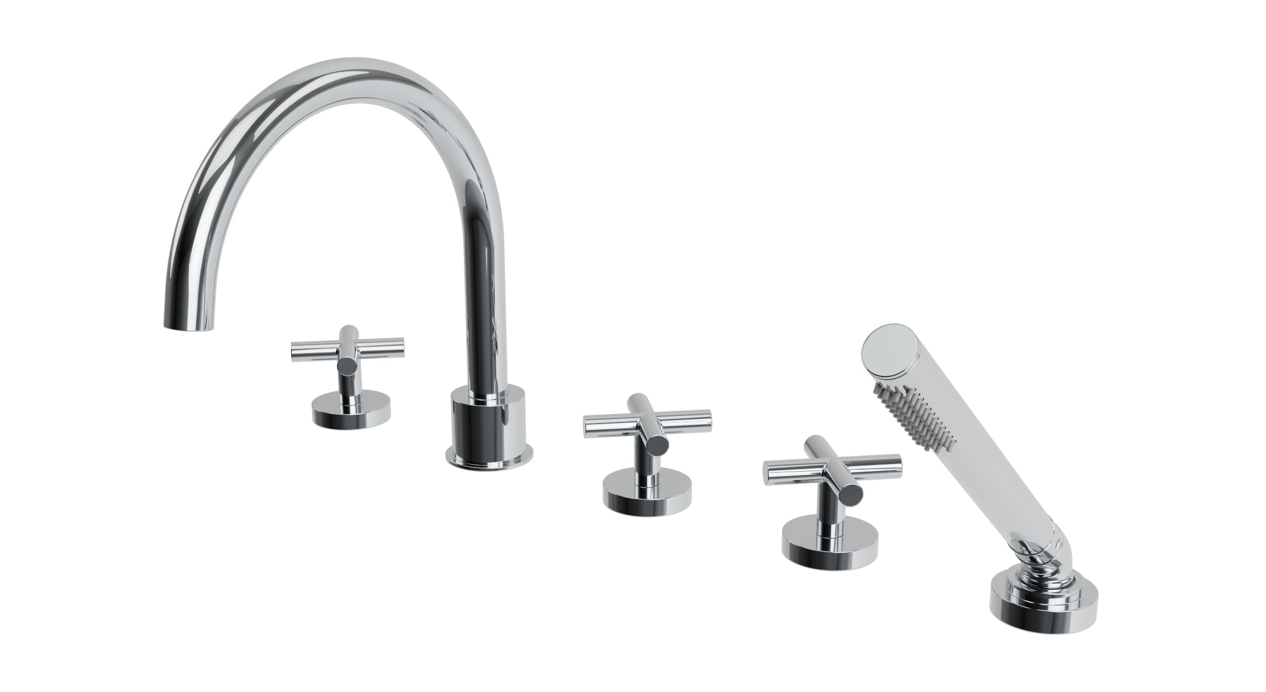 Contour Three Handle Deck Mount Gooseneck Bath Trim with Hand Shower and Soft Cross Handles