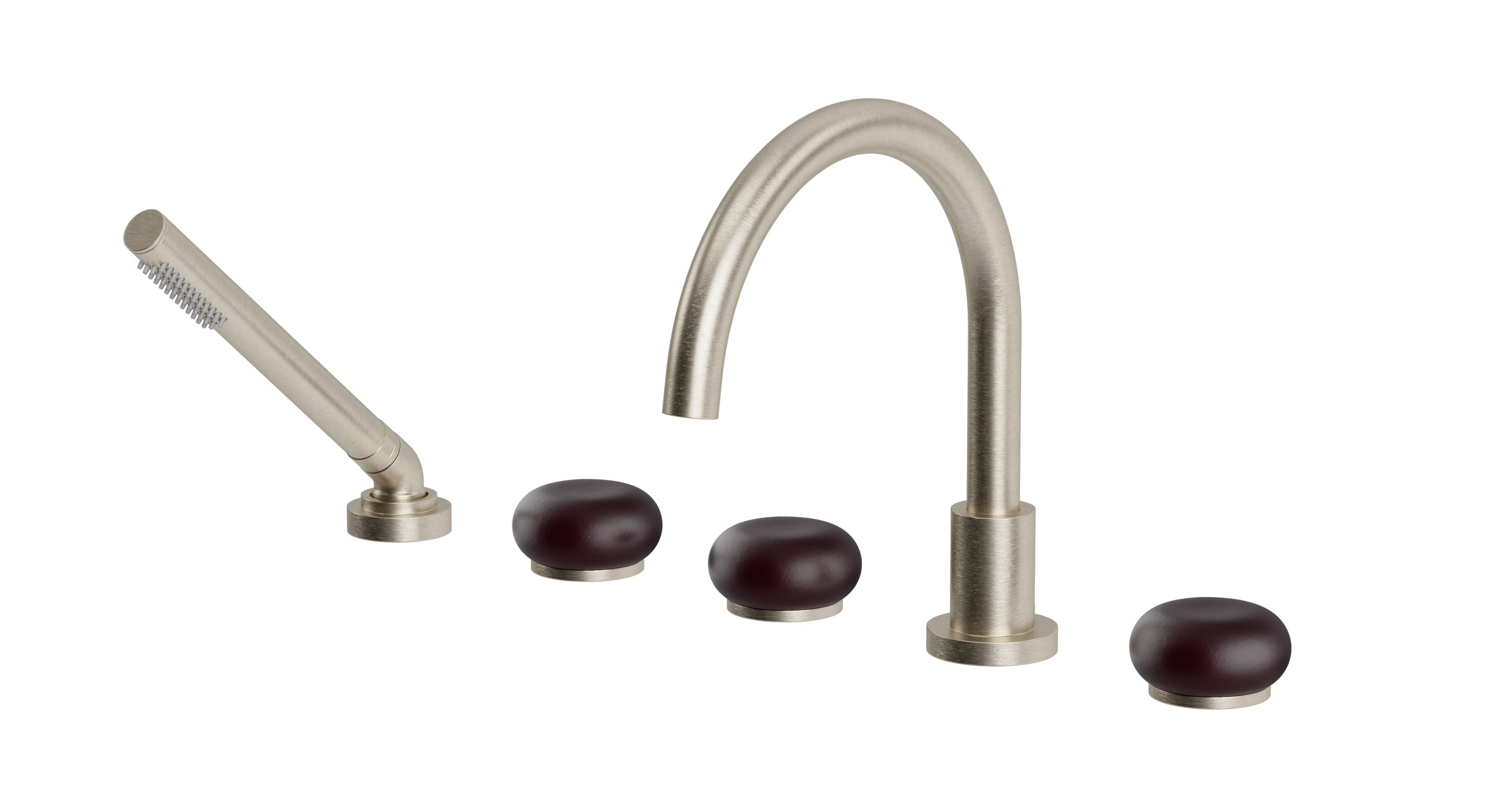 Foundry Three Handle Deck Mount Gooseneck Bath Trim with Hand Shower and Pebble Ceramic Knob Handles in Satin Nickel