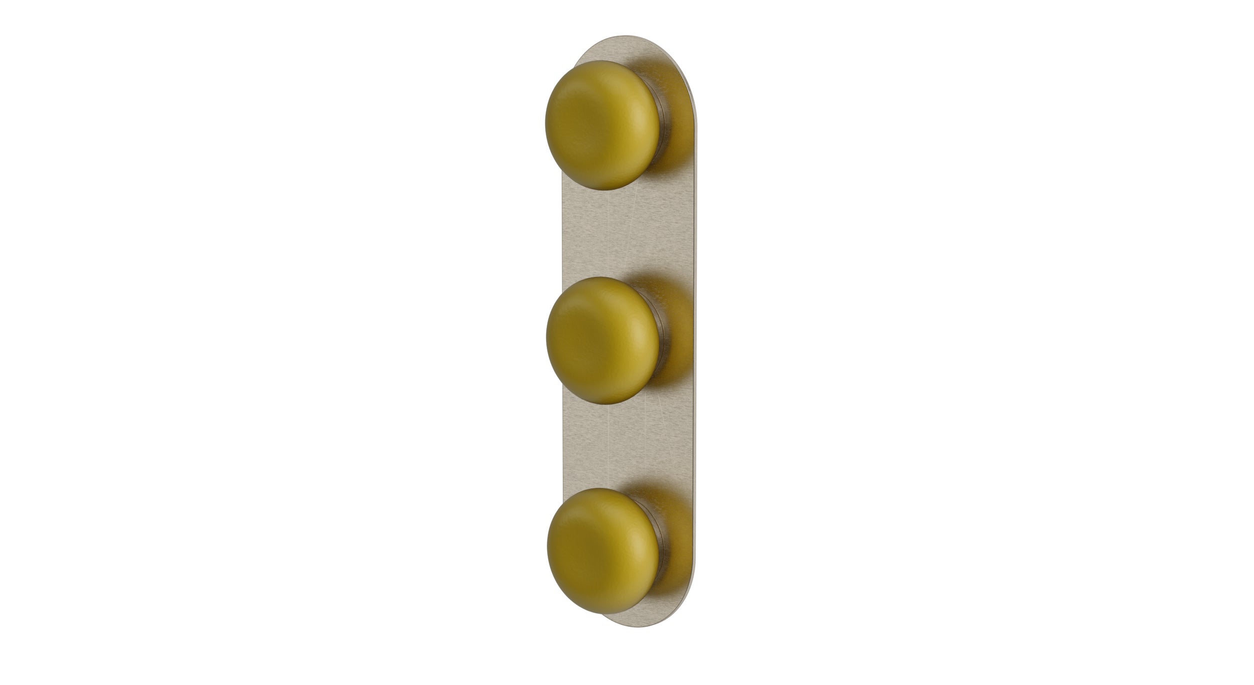 Foundry Three Handle Wall Mount Shower Trim with Pebble Ceramic Knob Handles in Satin Nickel