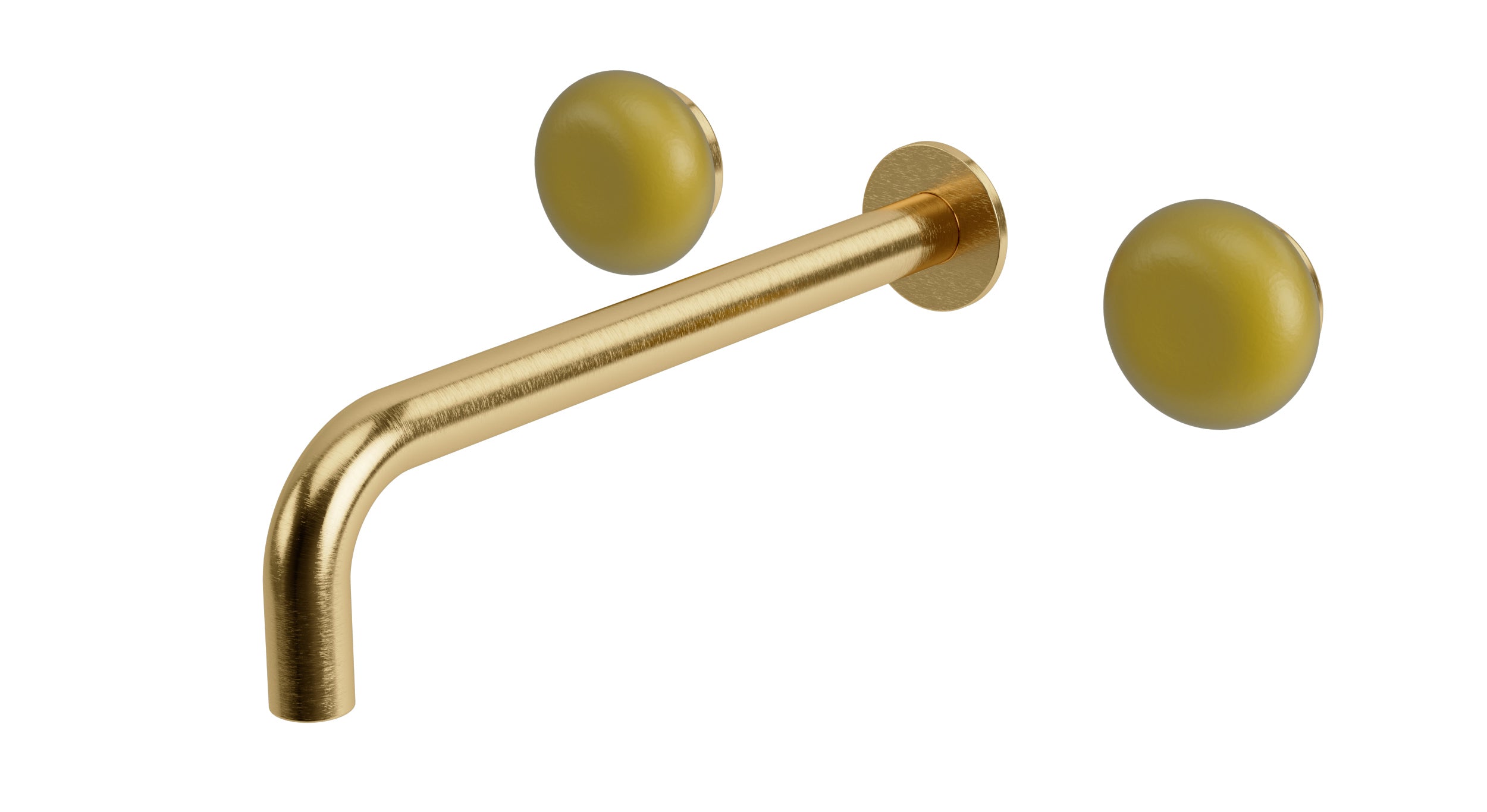 Foundry Two Handle Wall Mount 10" Lavatory Faucet with Pebble Ceramic Knob Handles in Satin Brass