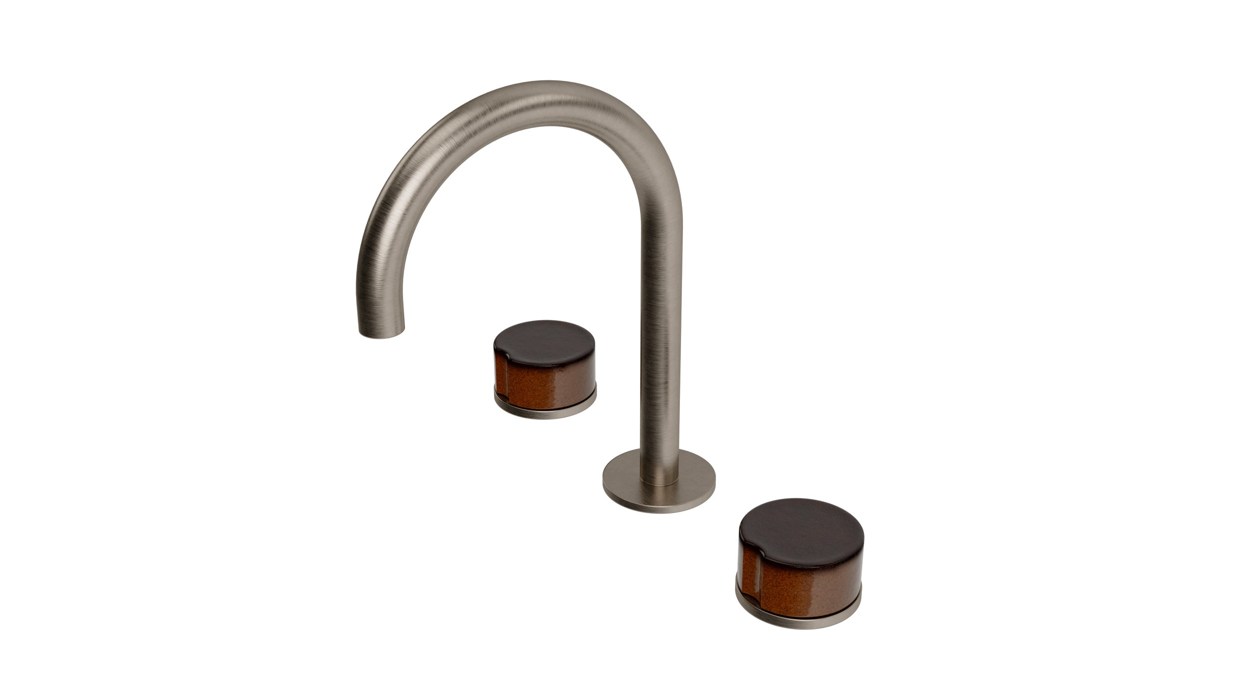 Foundry Two Handle Deck Mount Gooseneck Lavatory Faucet with Groove Ceramic Knob Handles in Antique Nickel