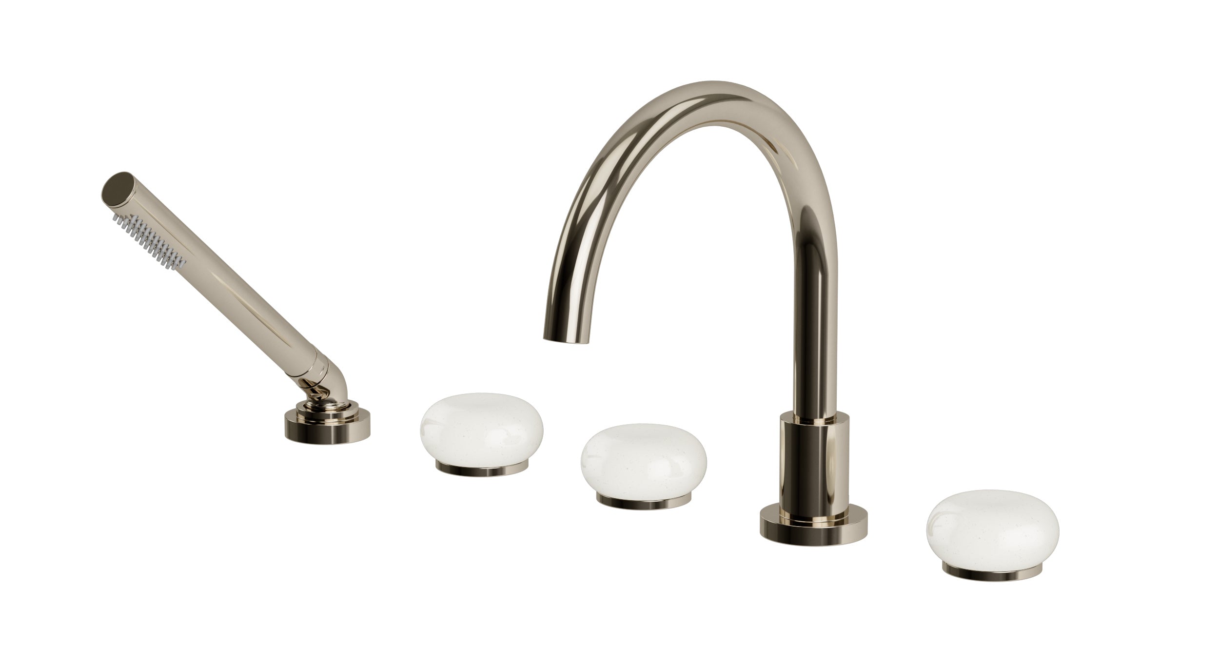 Foundry Three Handle Deck Mount Gooseneck Bath Trim with Hand Shower and Pebble Ceramic Knob Handles in Polished Nickel