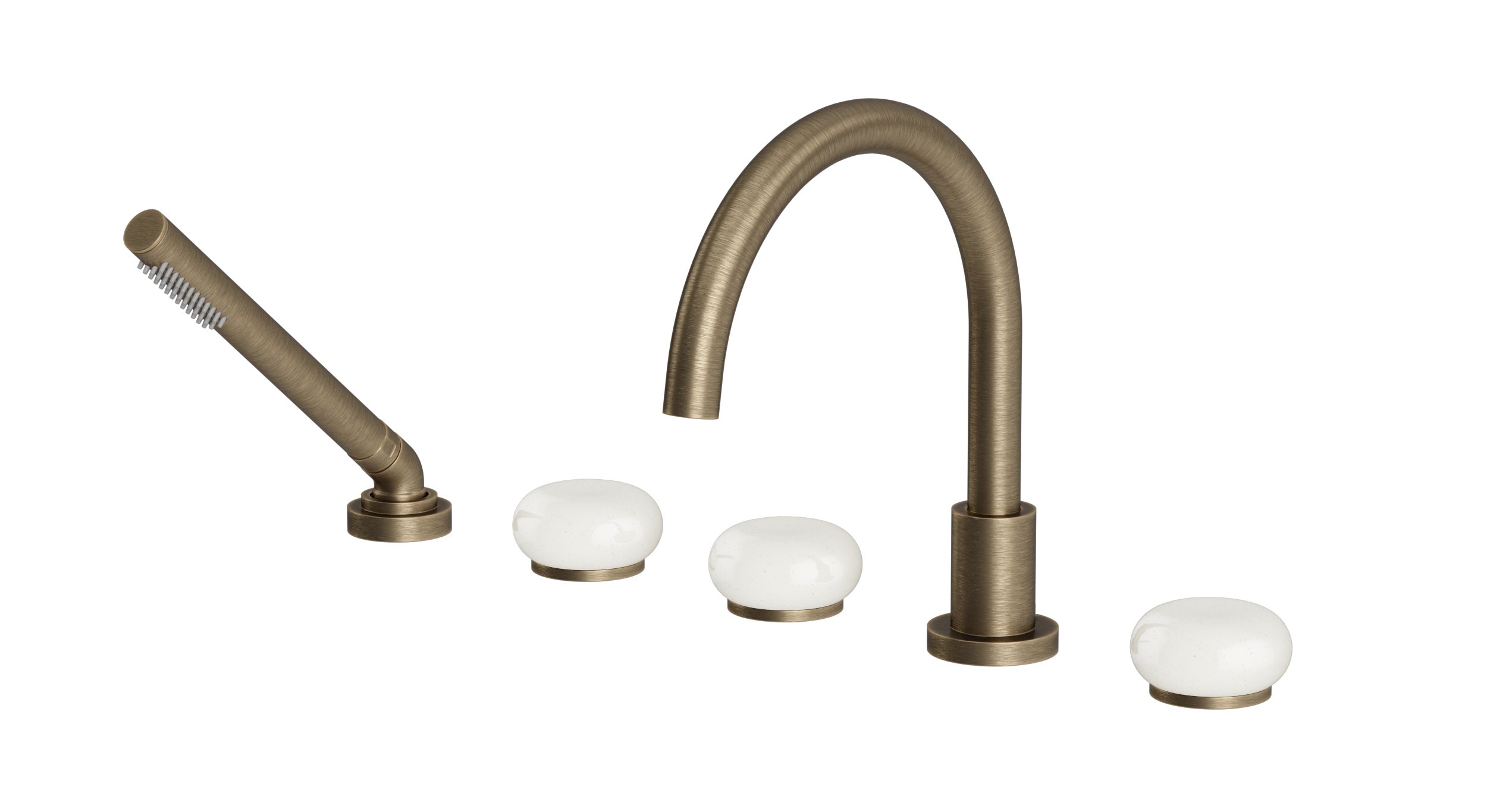 Foundry Three Handle Deck Mount Gooseneck Bath Trim with Hand Shower and Pebble Ceramic Knob Handles in Antique Brass