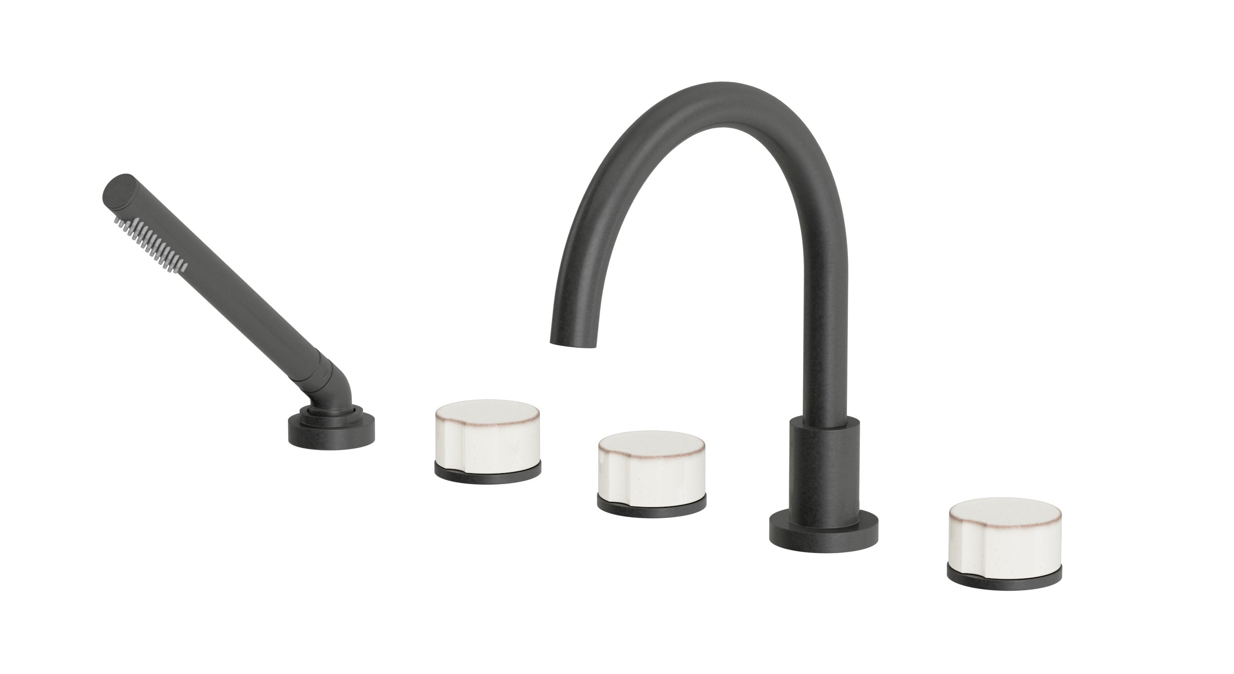 Foundry Three Handle Deck Mount Gooseneck Bath Trim with Hand Shower and Groove Ceramic Knob Handles in Blackened Nickel