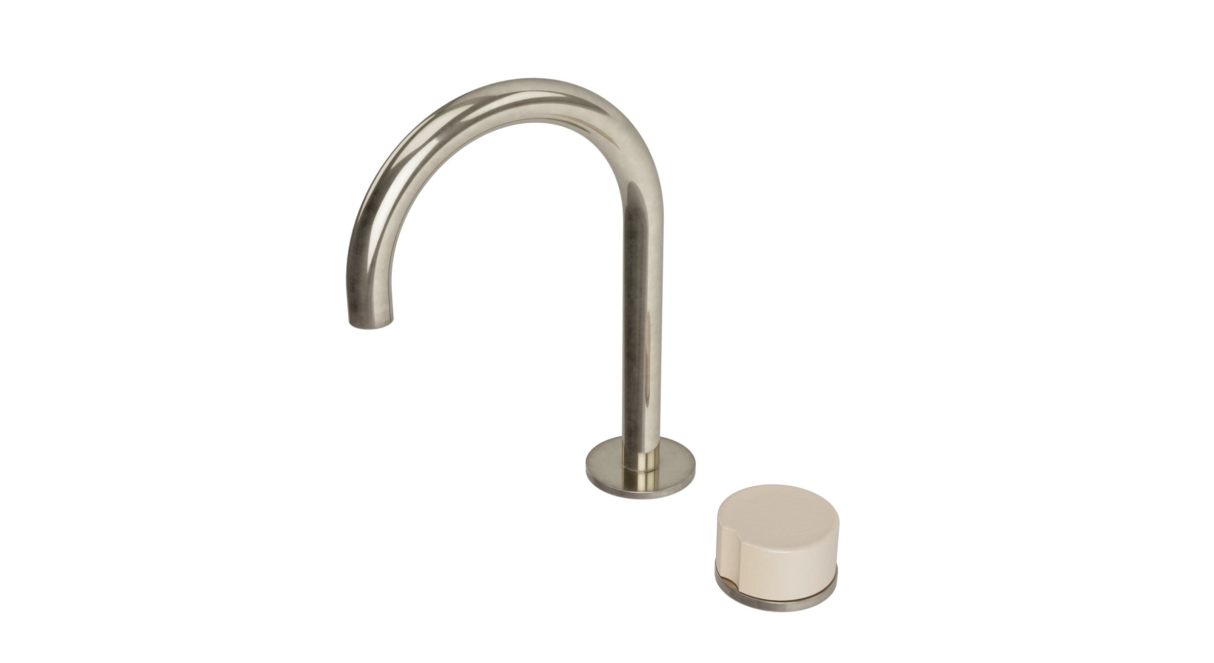Foundry One Handle Deck Mount Gooseneck Lavatory Faucet with Groove Ceramic Knob Handle in French Nickel