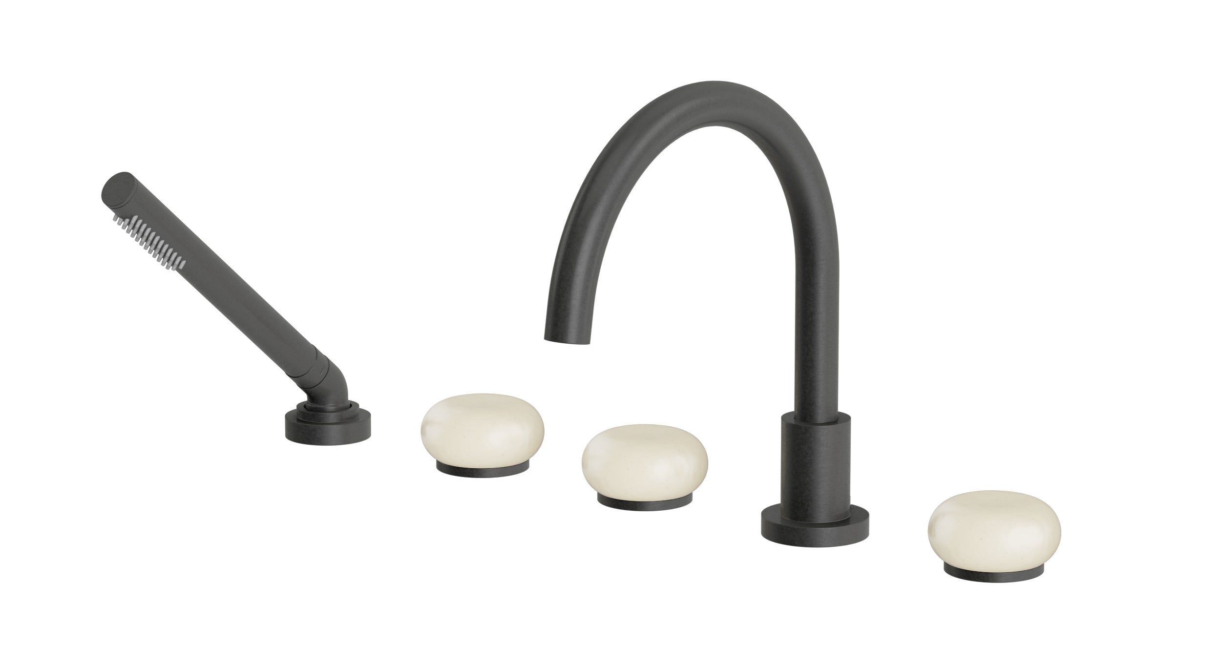 Foundry Three Handle Deck Mount Gooseneck Bath Trim with Hand Shower and Pebble Ceramic Knob Handles in Blackened Nickel