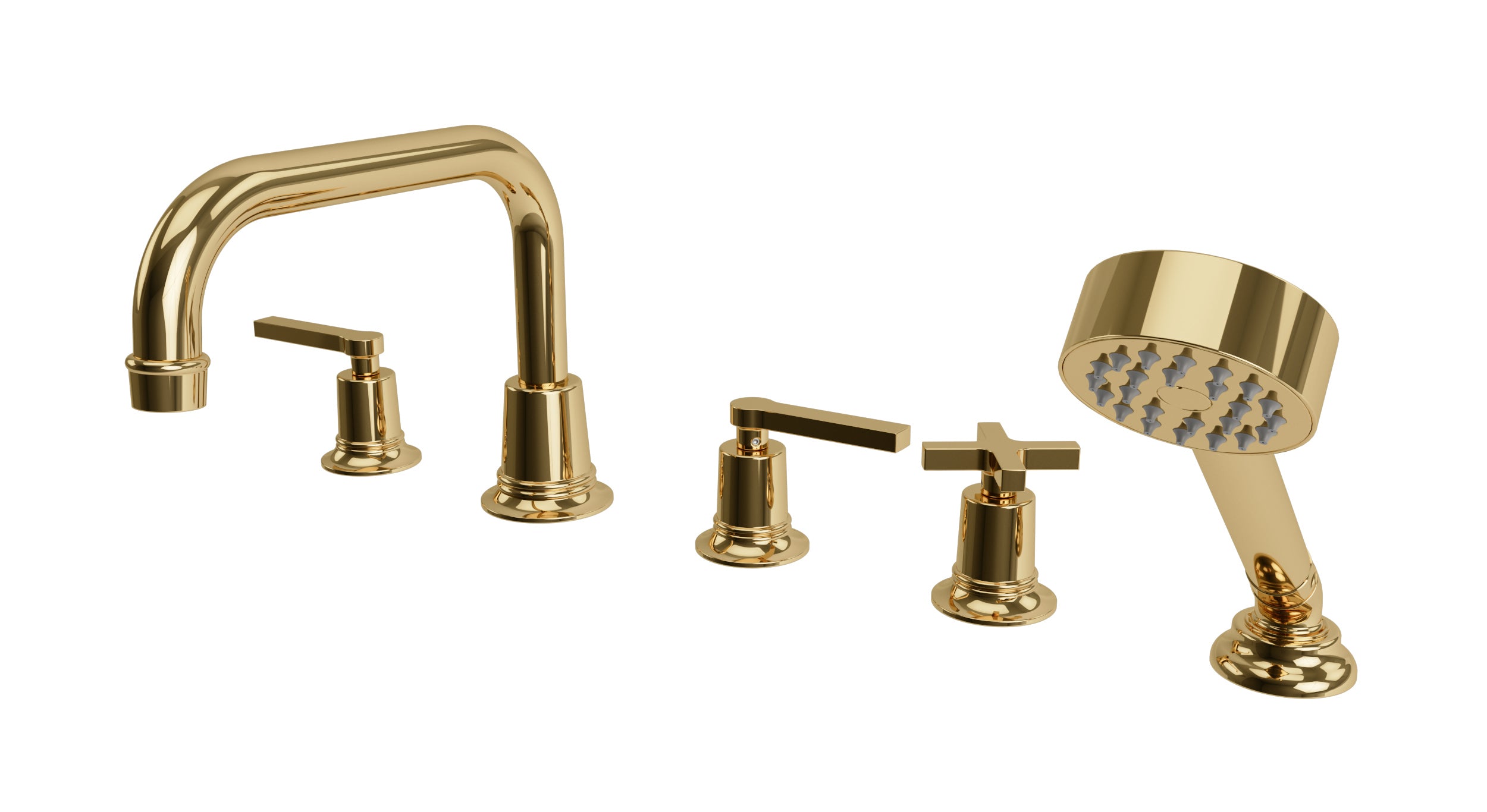 Emerson Three Handle Deck Mount Squaretop Bath Trim with Hand Shower and Classic Cross/Classic Lever Handles in Polished Brass