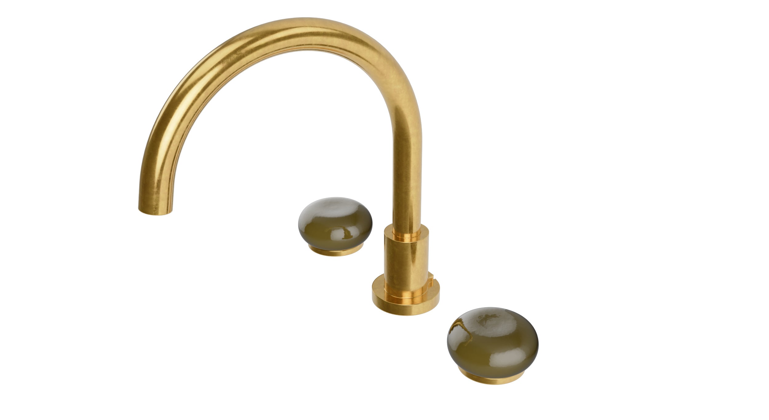 Foundry Two Handle Deck Mount Gooseneck Bath Trim with Pebble Ceramic Knob Handles in French Brass
