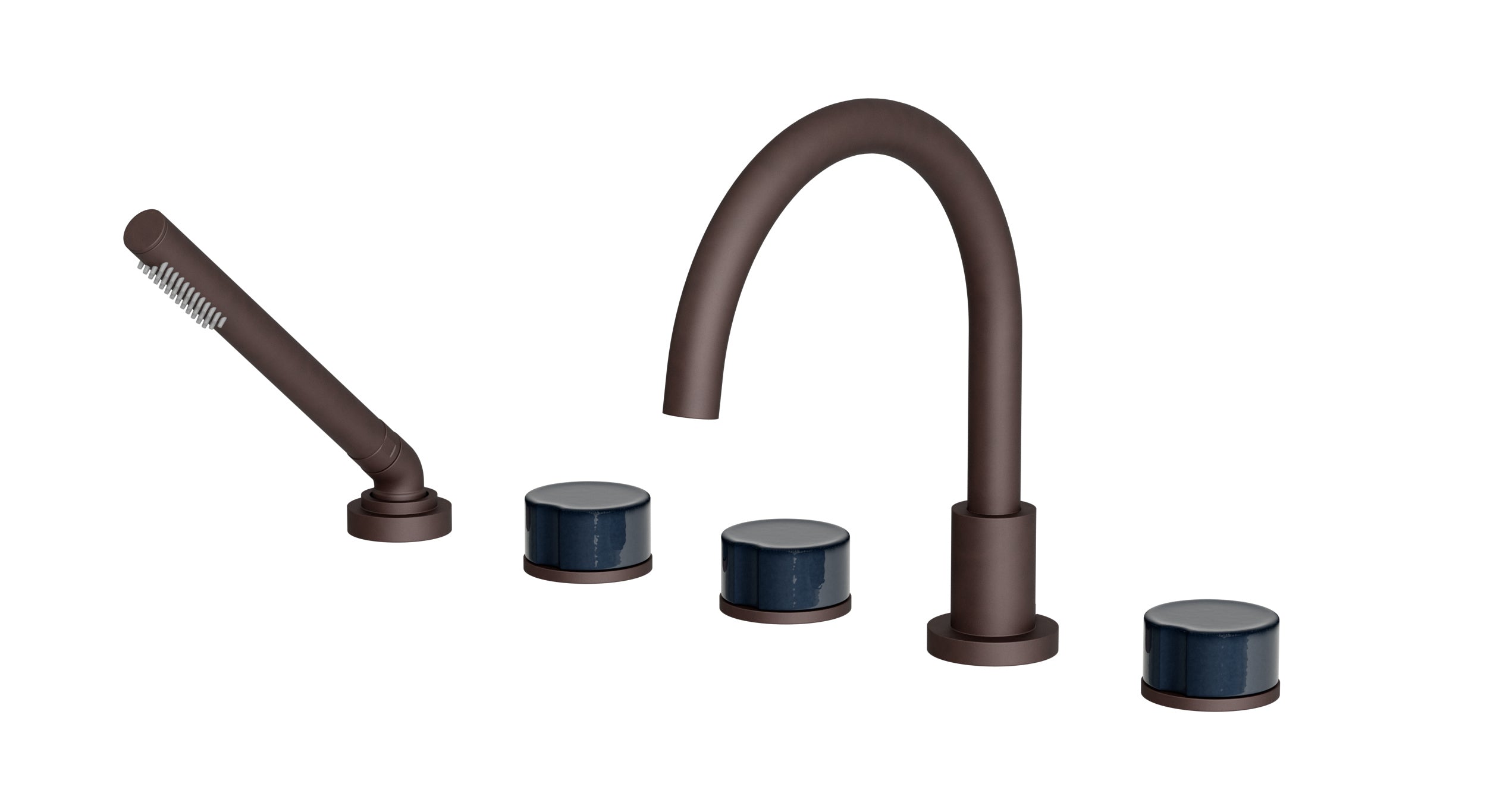 Foundry Three Handle Deck Mount Gooseneck Bath Trim with Hand Shower and Groove Ceramic Knob Handles in Architectural Copper