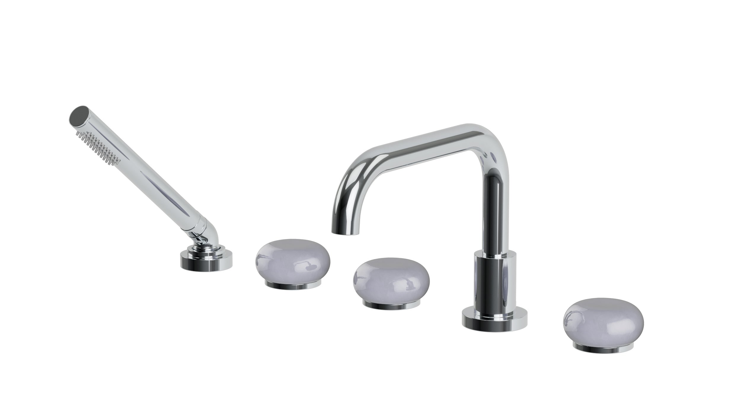 Foundry Three Handle Deck Mount Squaretop Bath Trim with Hand Shower and Pebble Ceramic Knob Handles in Polished Chrome