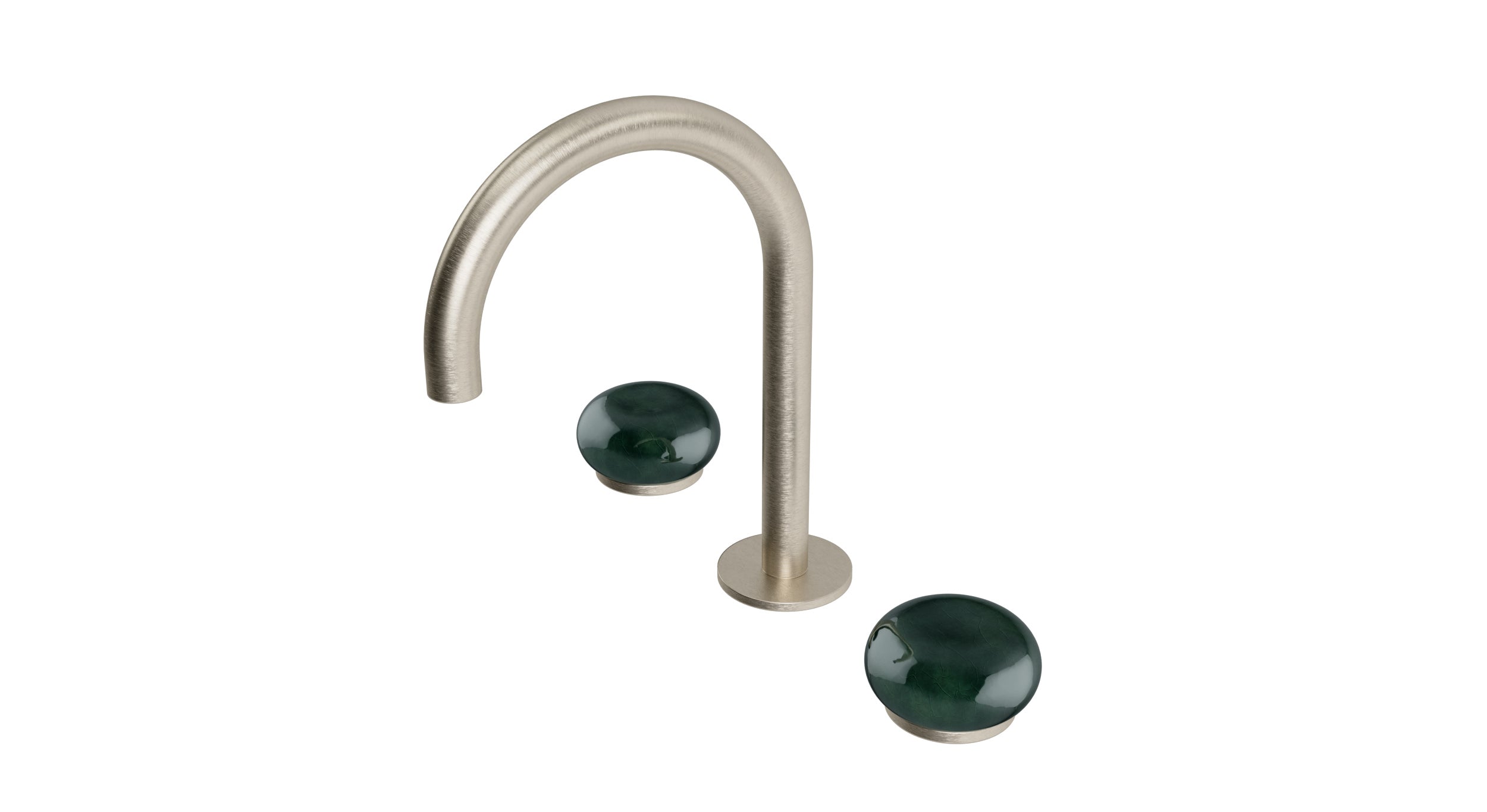 Foundry Two Handle Deck Mount Gooseneck Lavatory Faucet with Pebble Ceramic Knob Handles in Satin Nickel
