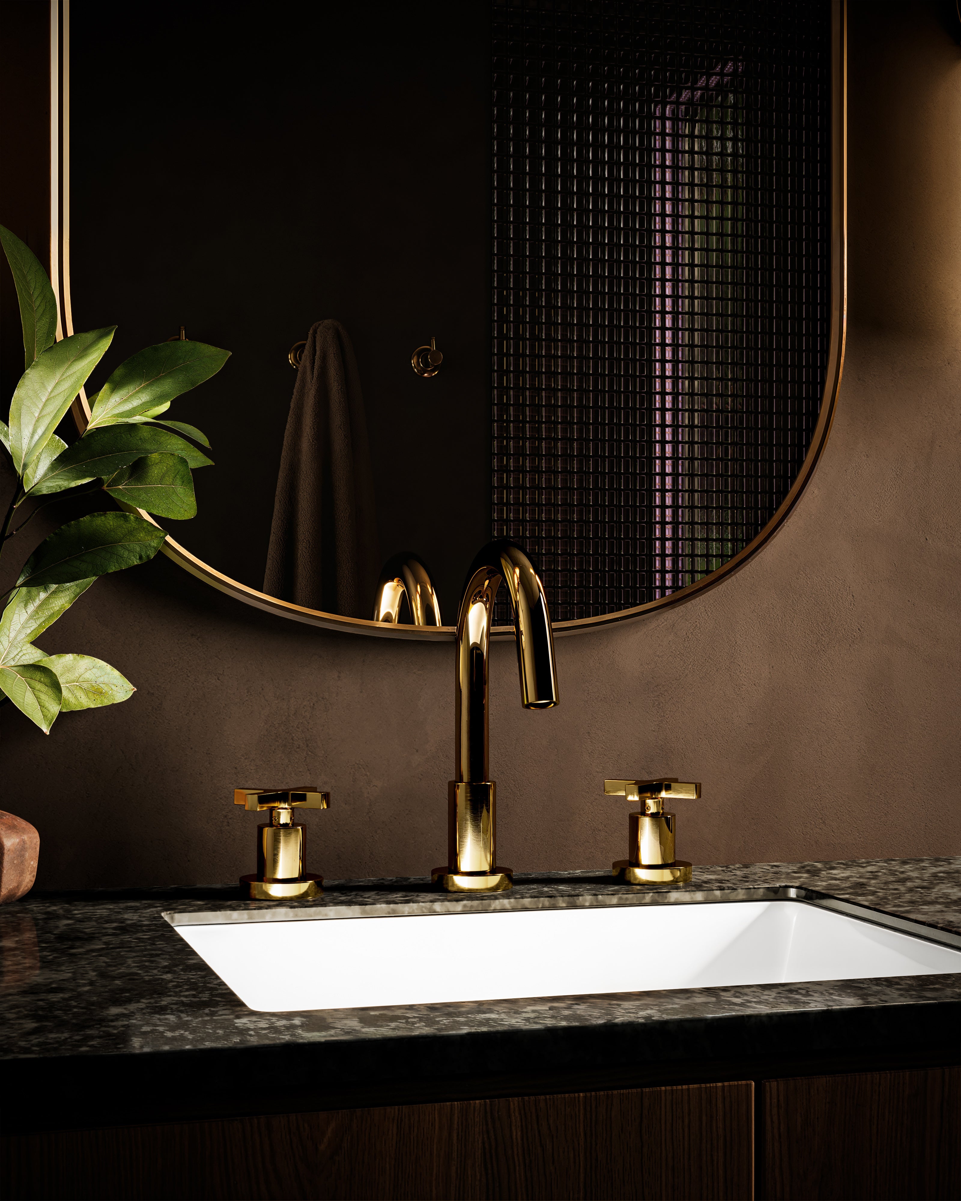 Flatiron Two Handle Deck Mount Short Gooseneck Lavatory Faucet with Linear Cross Handles in Polished Brass