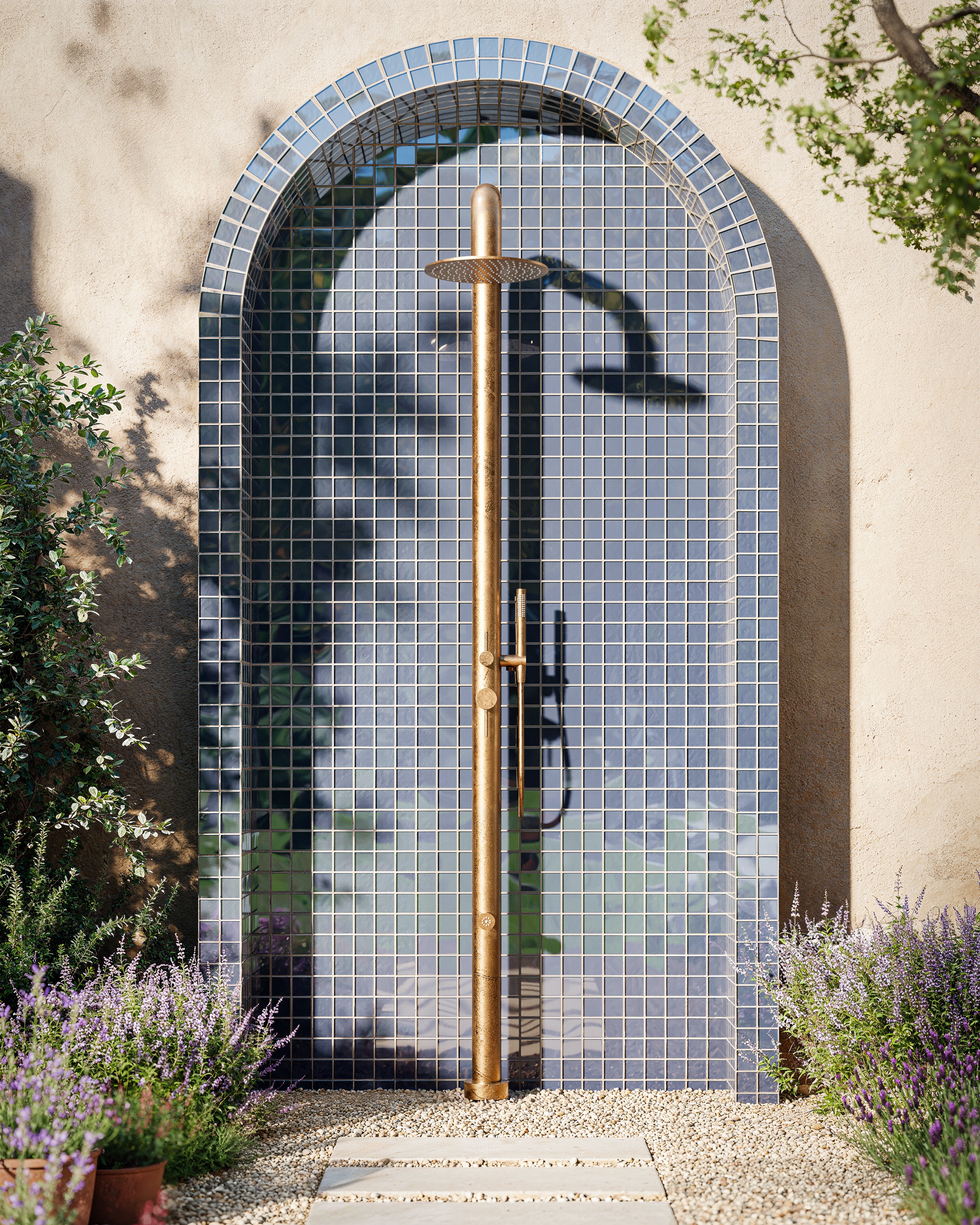 Contour Outdoor Shower Pressure Balance with 12" Rain Head, Hand Shower, and Foot Wash in Uncoated Polished Brass
