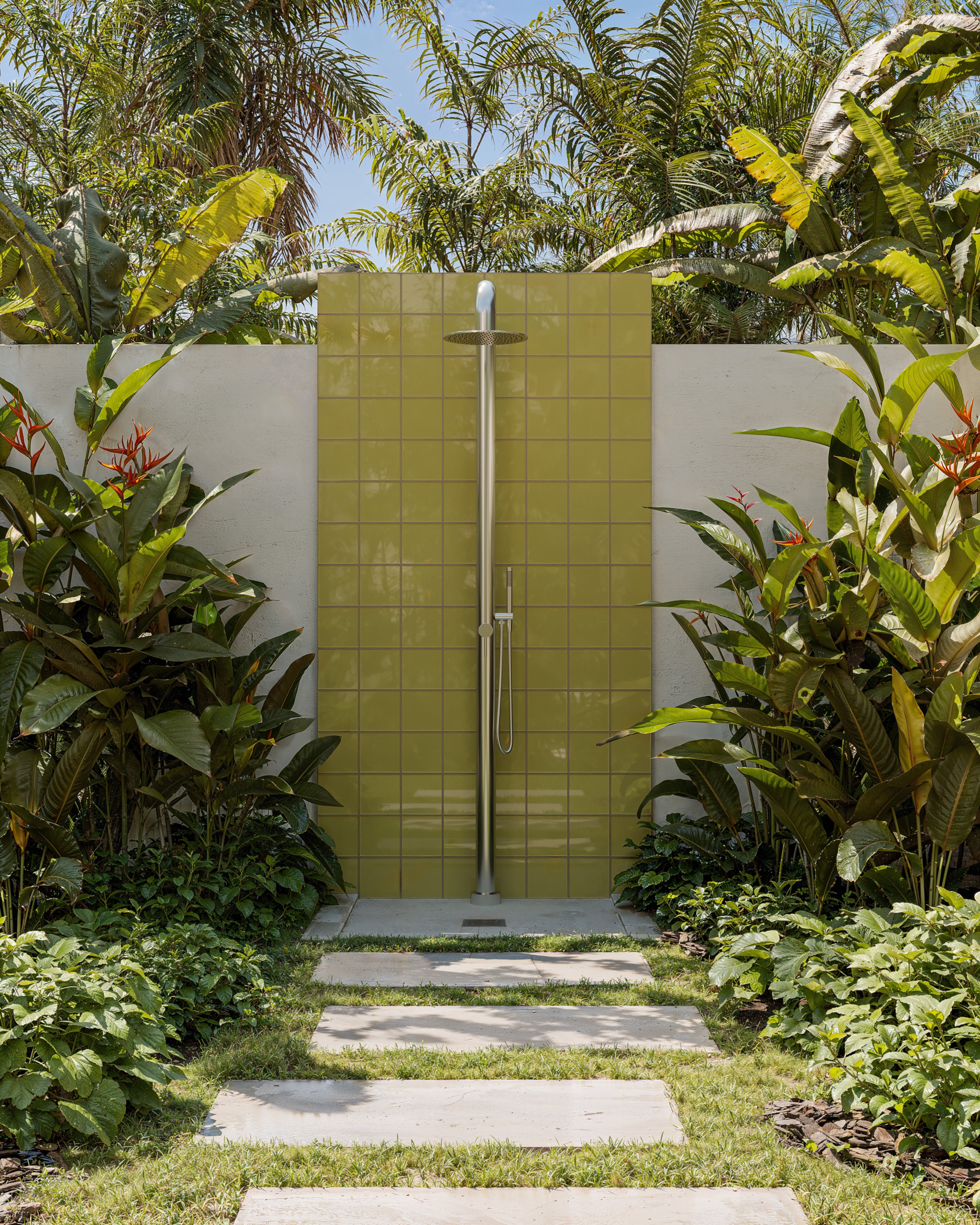 Contour Outdoor Shower Pressure Balance with 12" Rain Head and Hand Shower in Stainless Steel