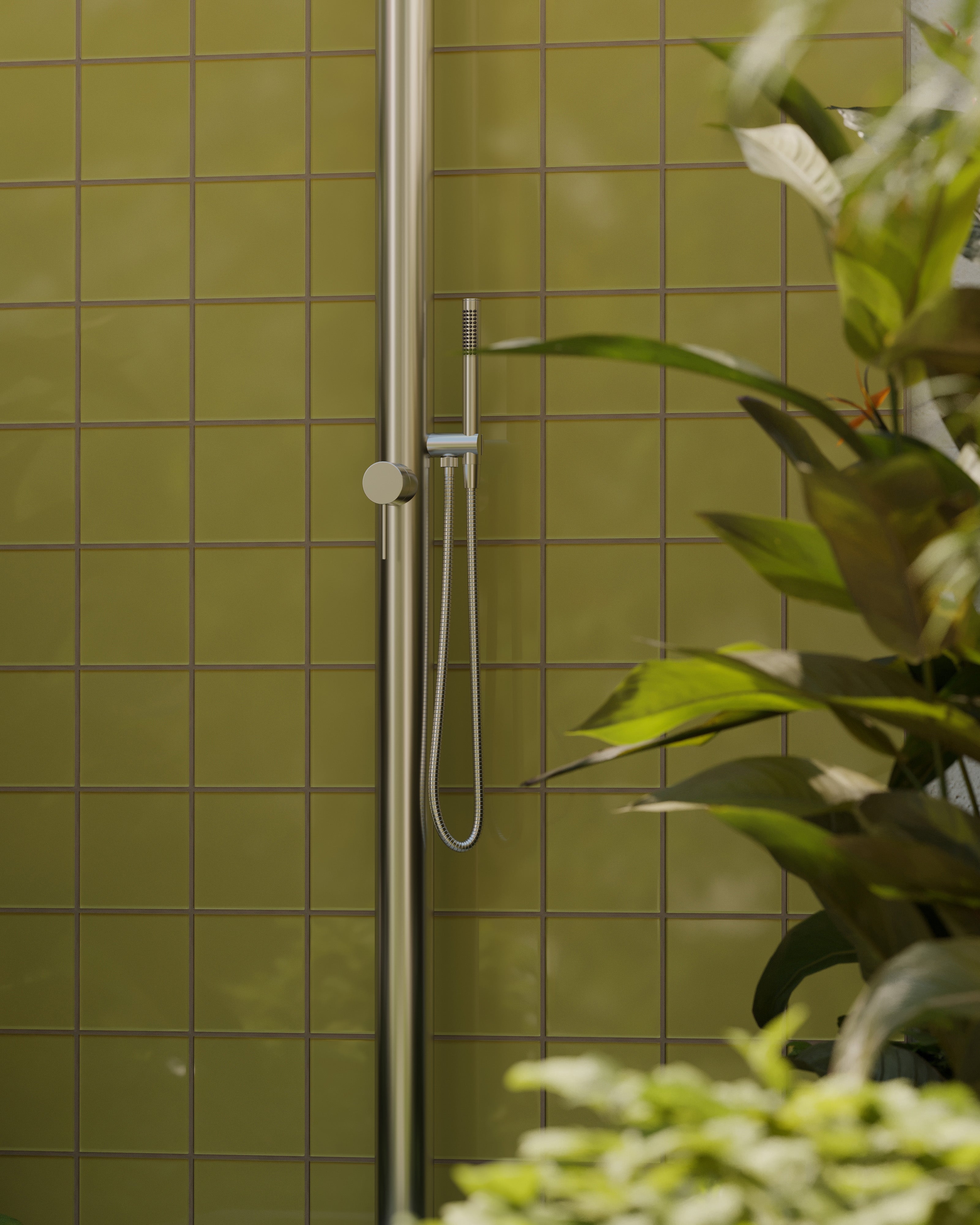 Contour Outdoor Shower Pressure Balance with 12" Rain Head and Hand Shower in Stainless Steel