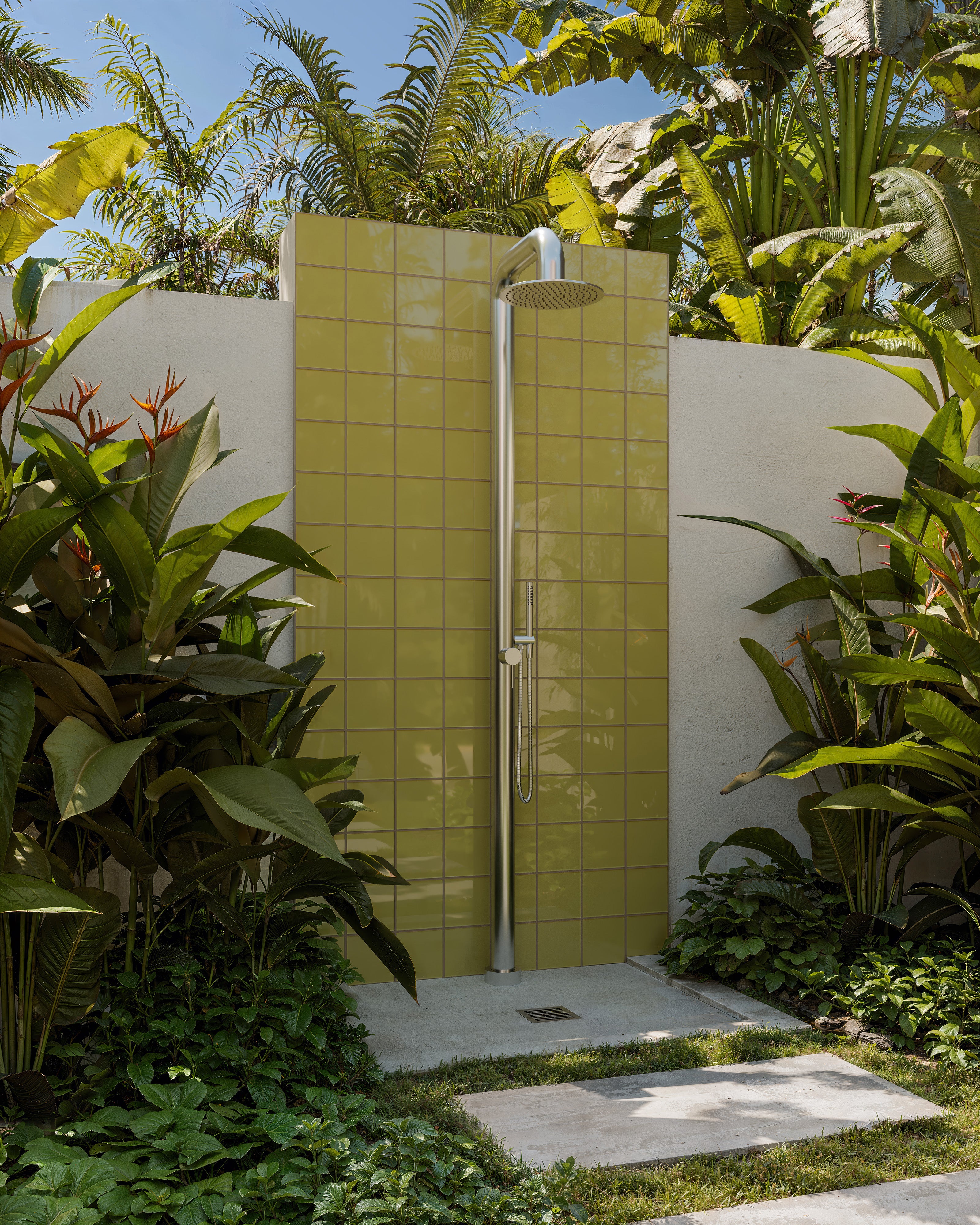 Contour Outdoor Shower Pressure Balance with 12" Rain Head and Hand Shower in Stainless Steel