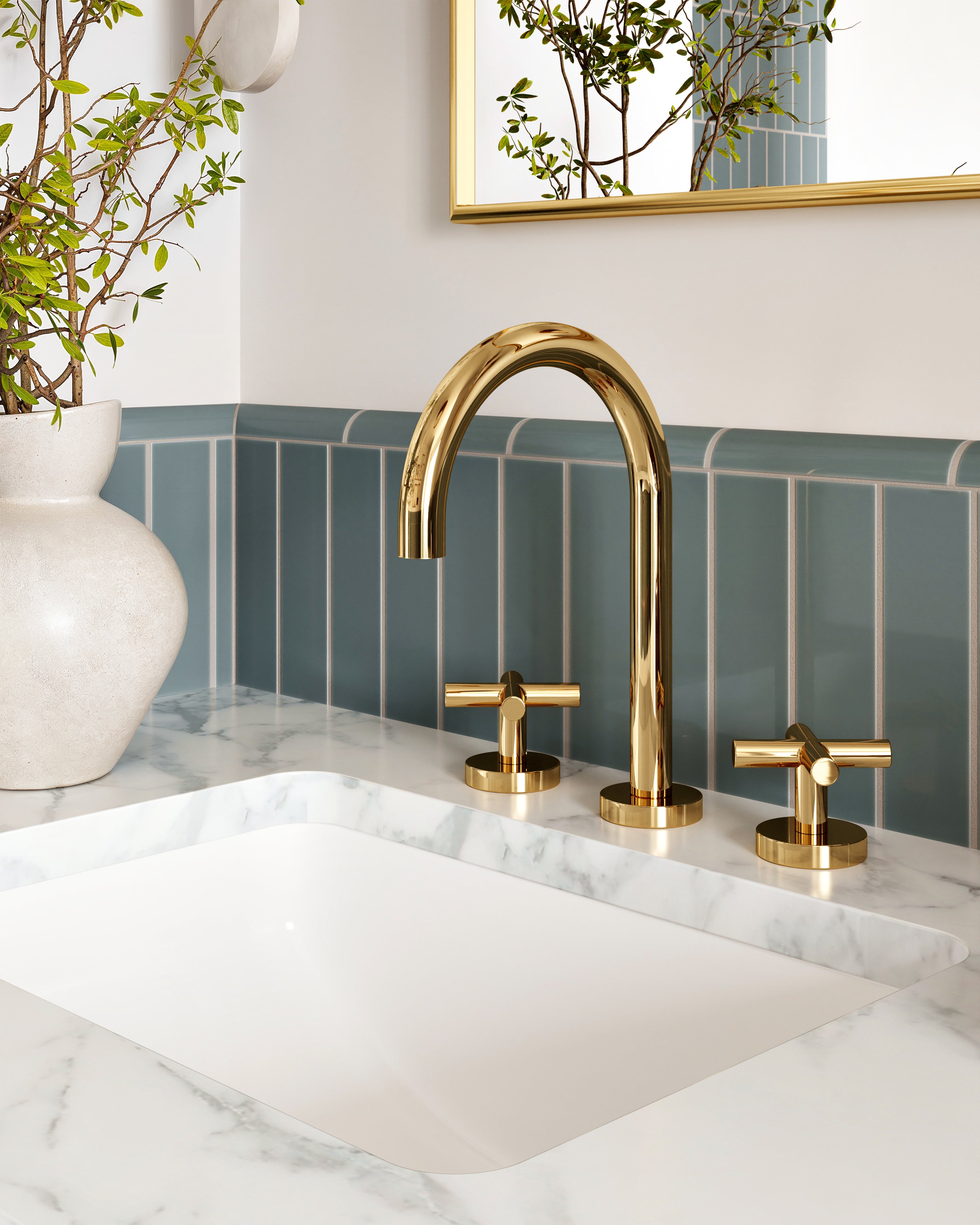 Contour Two Handle Deck Mount Gooseneck Lavatory Faucet with Soft Cross Handles in Polished Brass