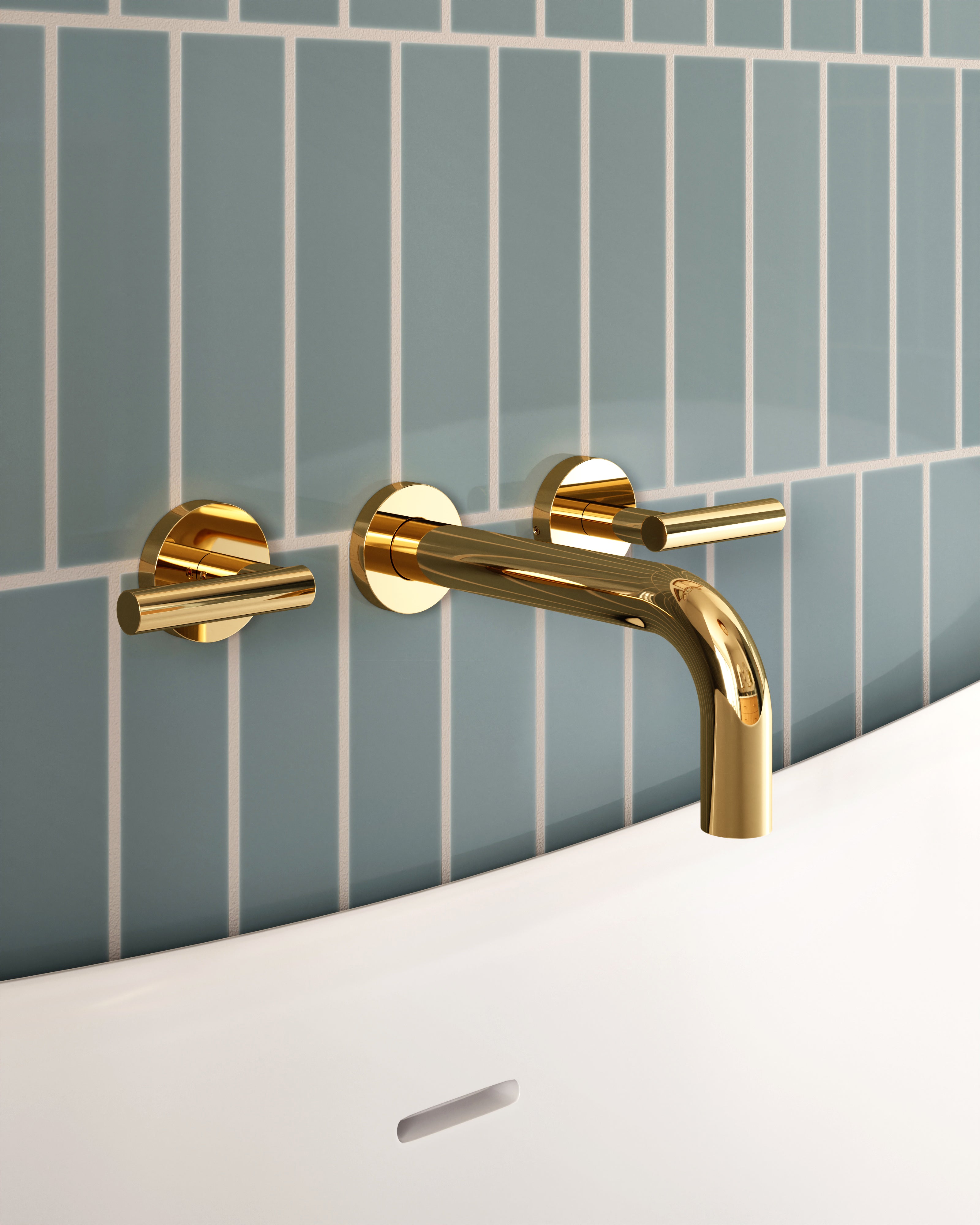 Contour Two Handle Wall Mount Bath Trim with Soft Lever Handles in Polished Brass