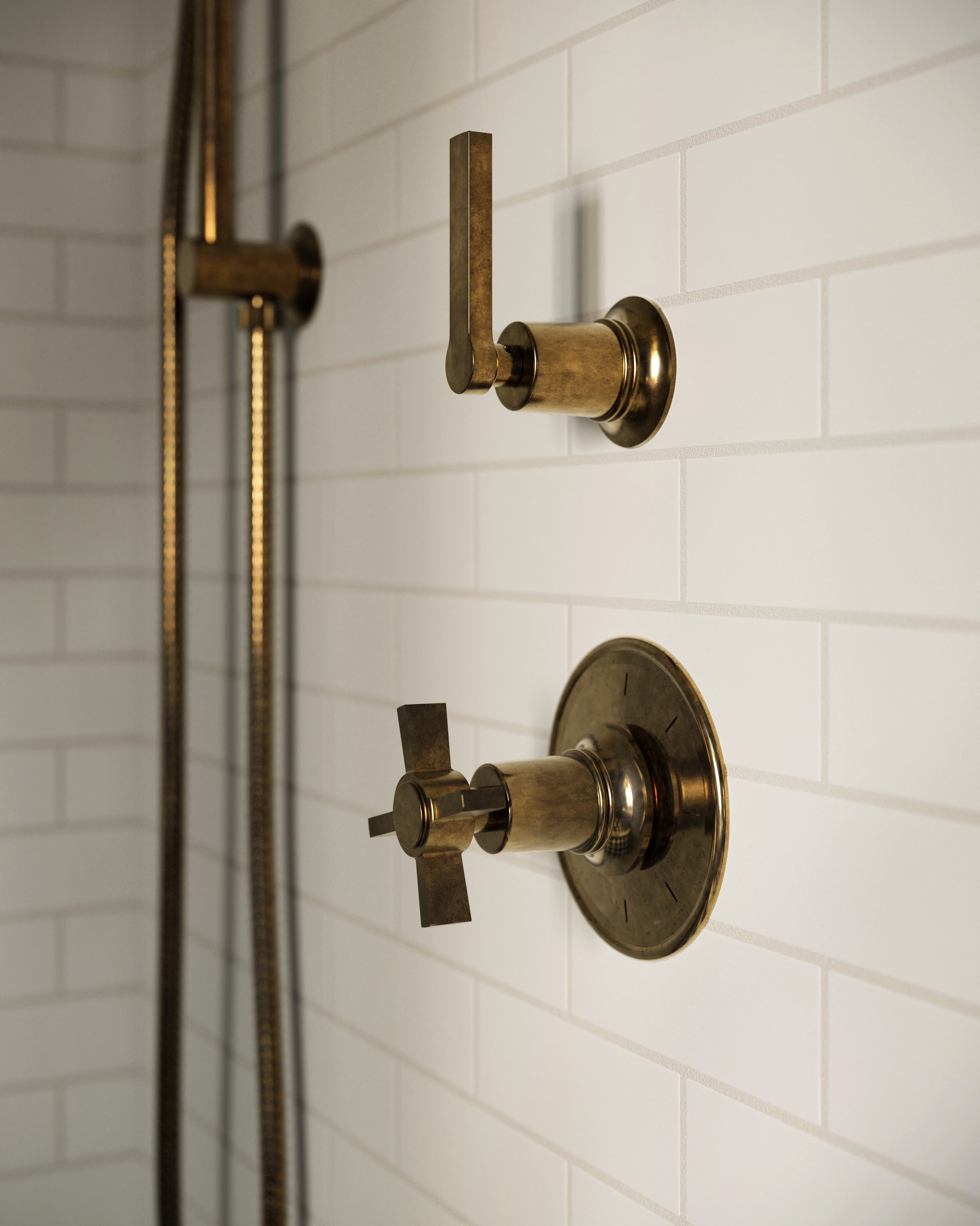 Emerson One Handle Wall Mount Shower Trim with Defined Cross Handle in Uncoated Polished Brass