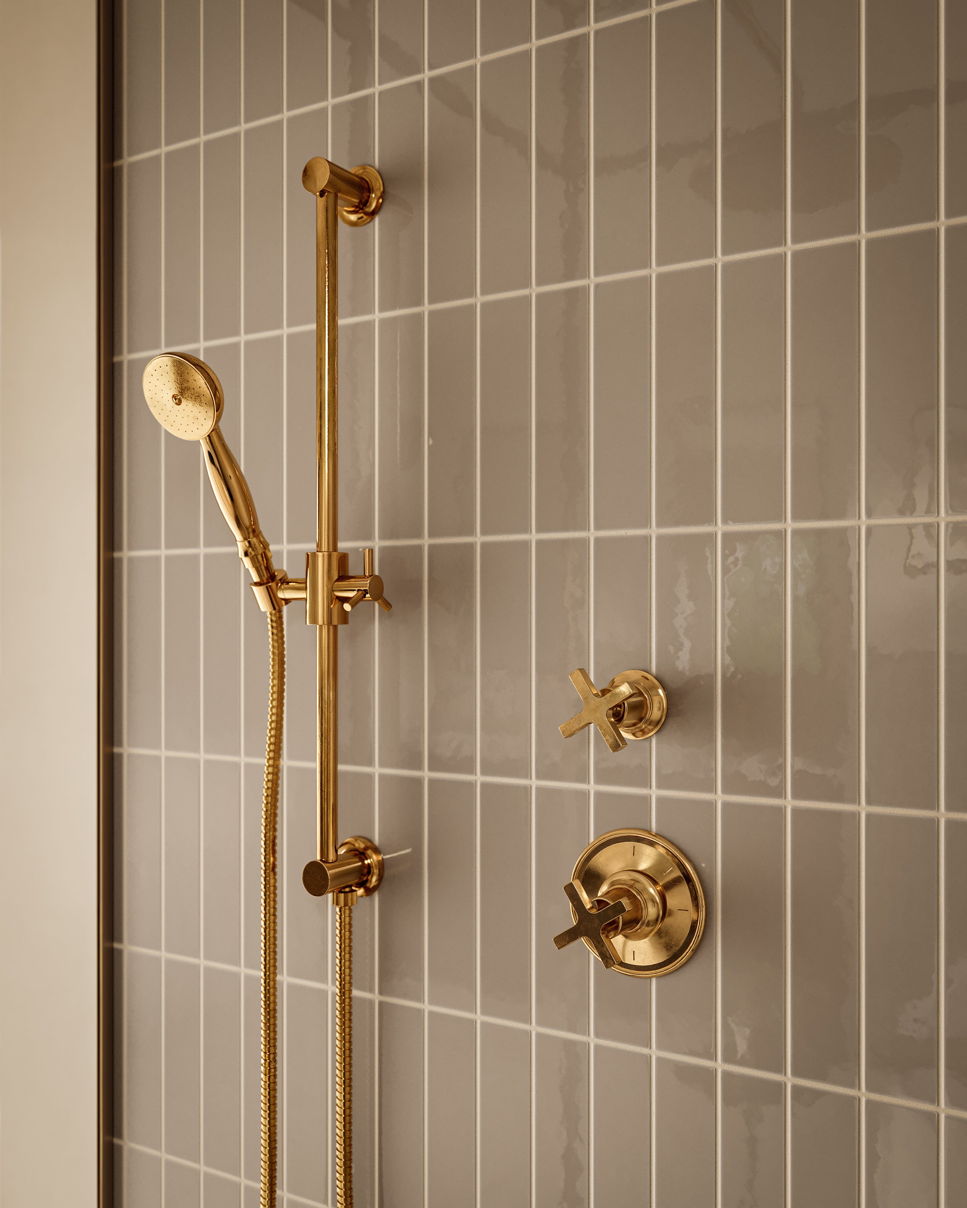 Emerson One Handle Wall Mount Shower Trim with Classic Cross Handle in French Brass