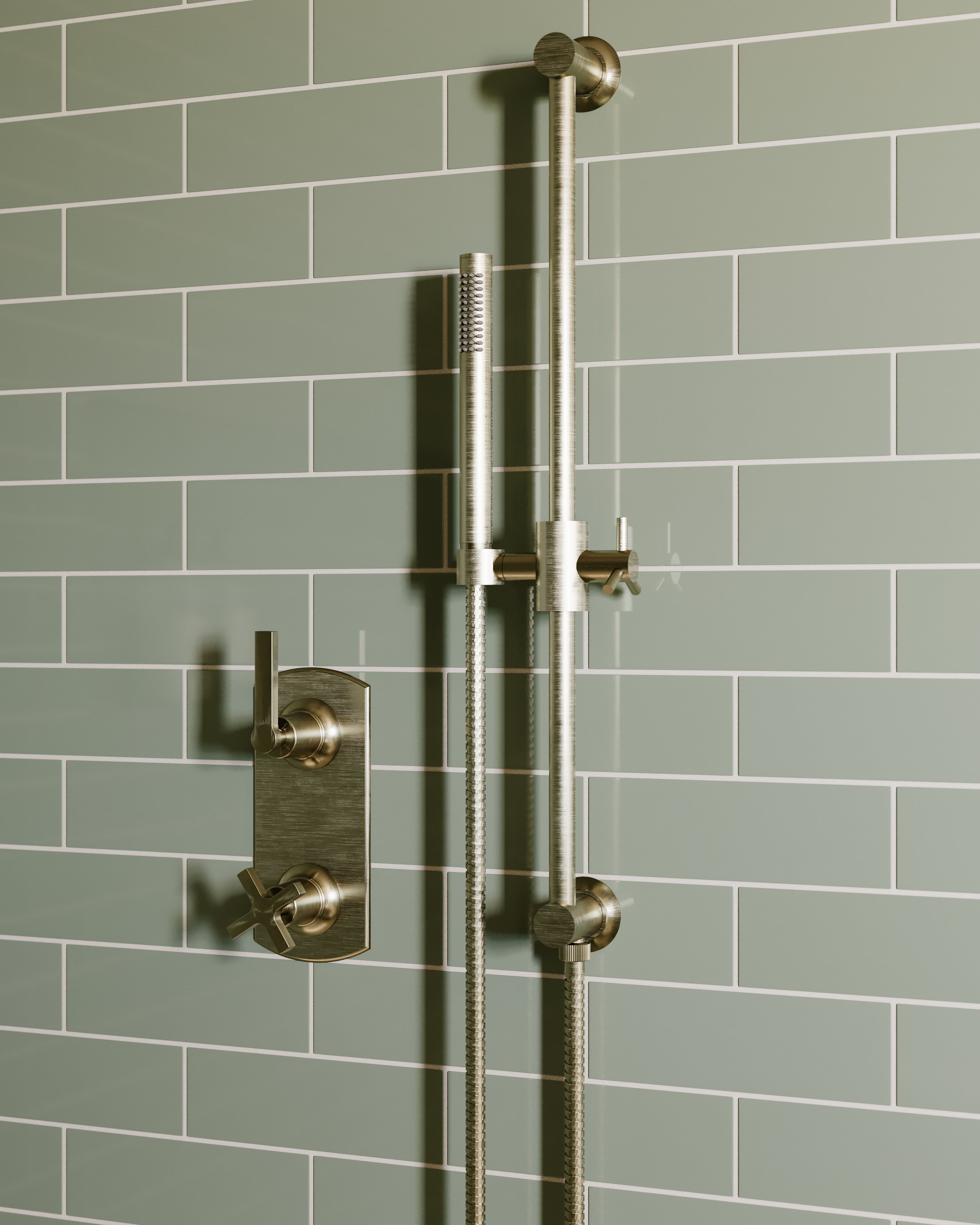 Emerson Two Handle Wall Mount Shower Trim with Classic Cross/Classic Lever Handles in Satin Nickel