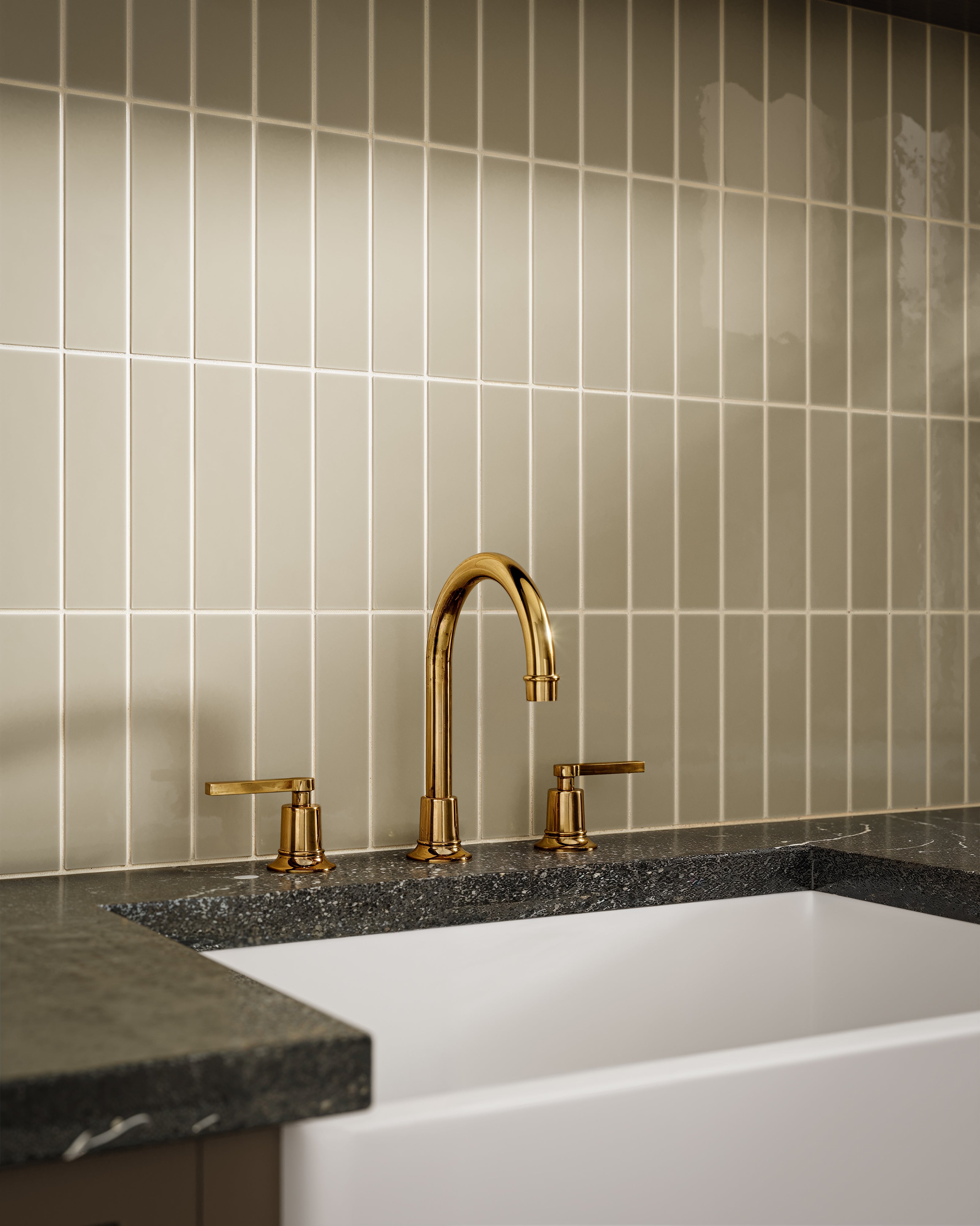 Emerson Two Handle Deck Mount Gooseneck Lavatory Faucet with Classic Lever Handles in French Brass