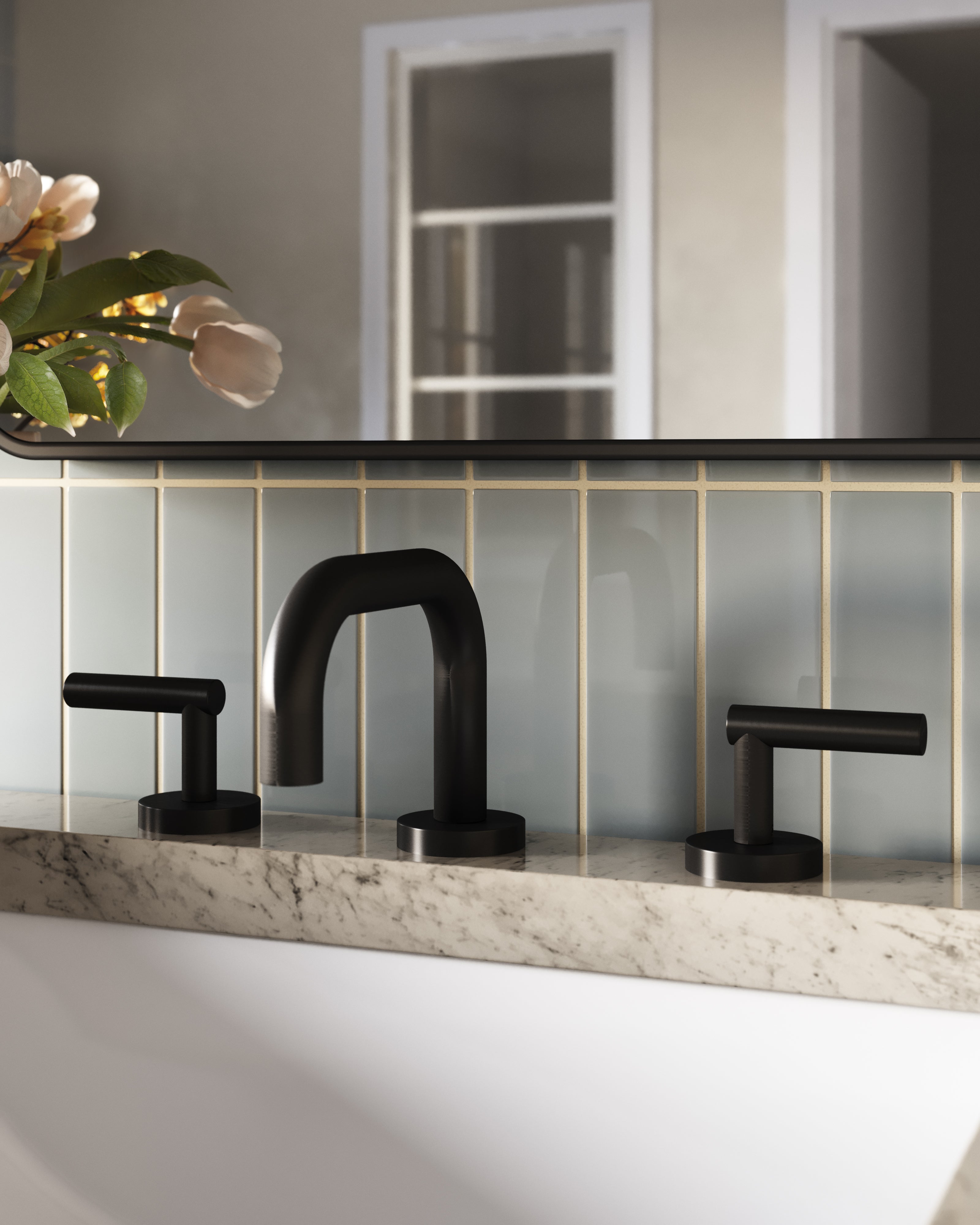 Contour Two Handle Deck Mount Squaretop Lavatory Faucet with Soft Lever Handles in Oil Rubbed Bronze