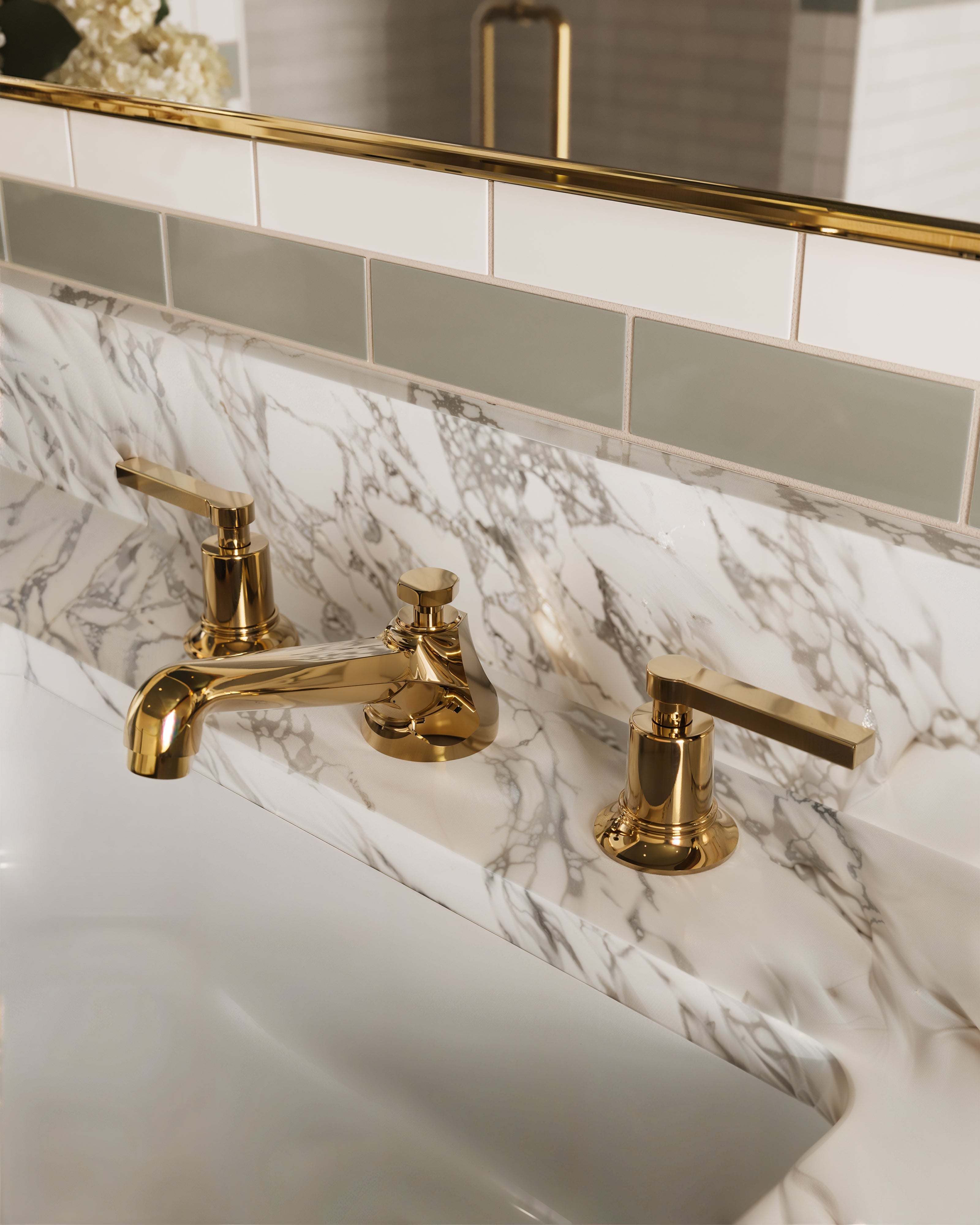 Emerson Two Handle Deck Mount Low Hexagon Lavatory Faucet with Classic Lever Handles in Uncoated Polished Brass