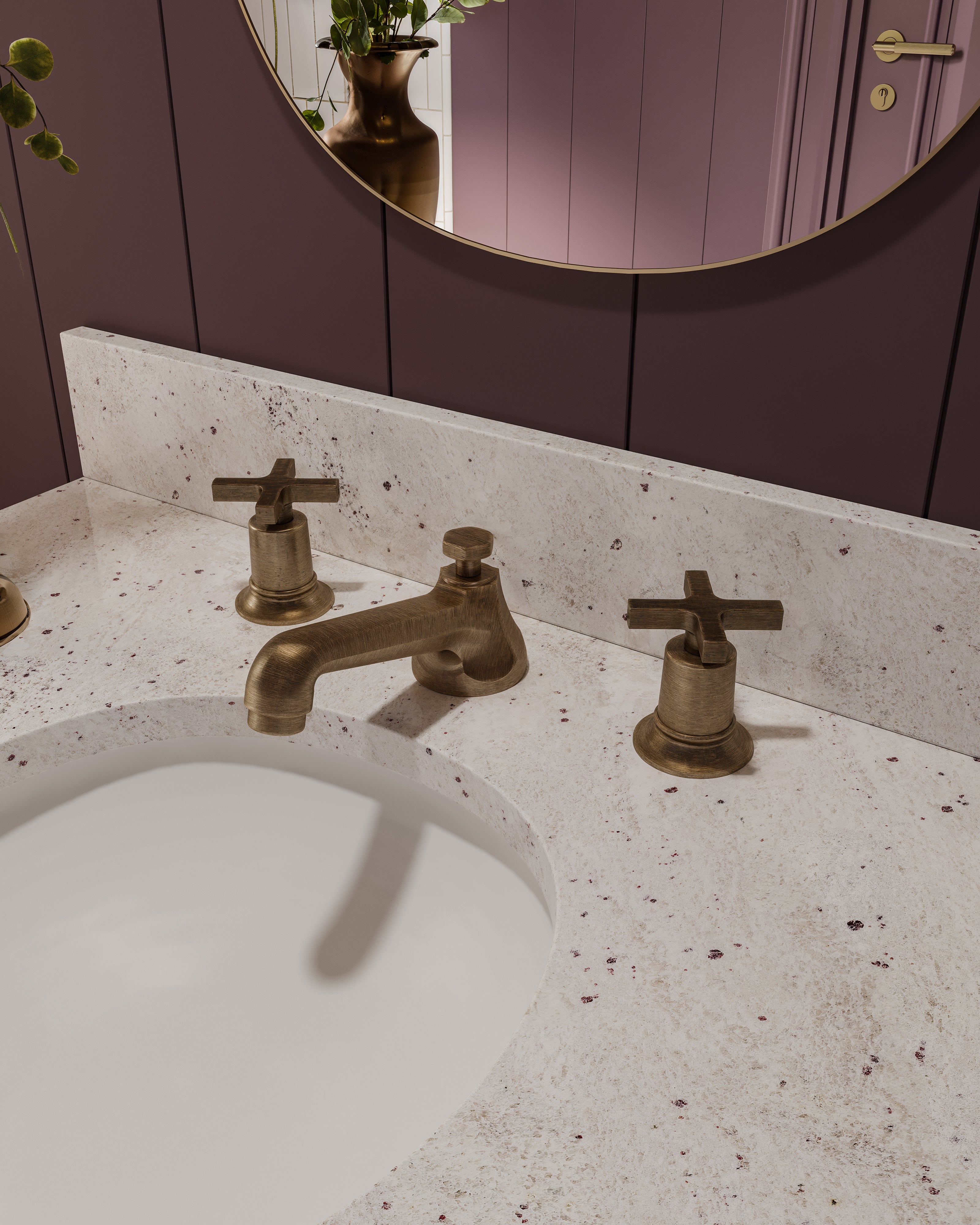 Emerson Two Handle Deck Mount Low Hexagon Lavatory Faucet with Classic Cross Handles in Antique Brass