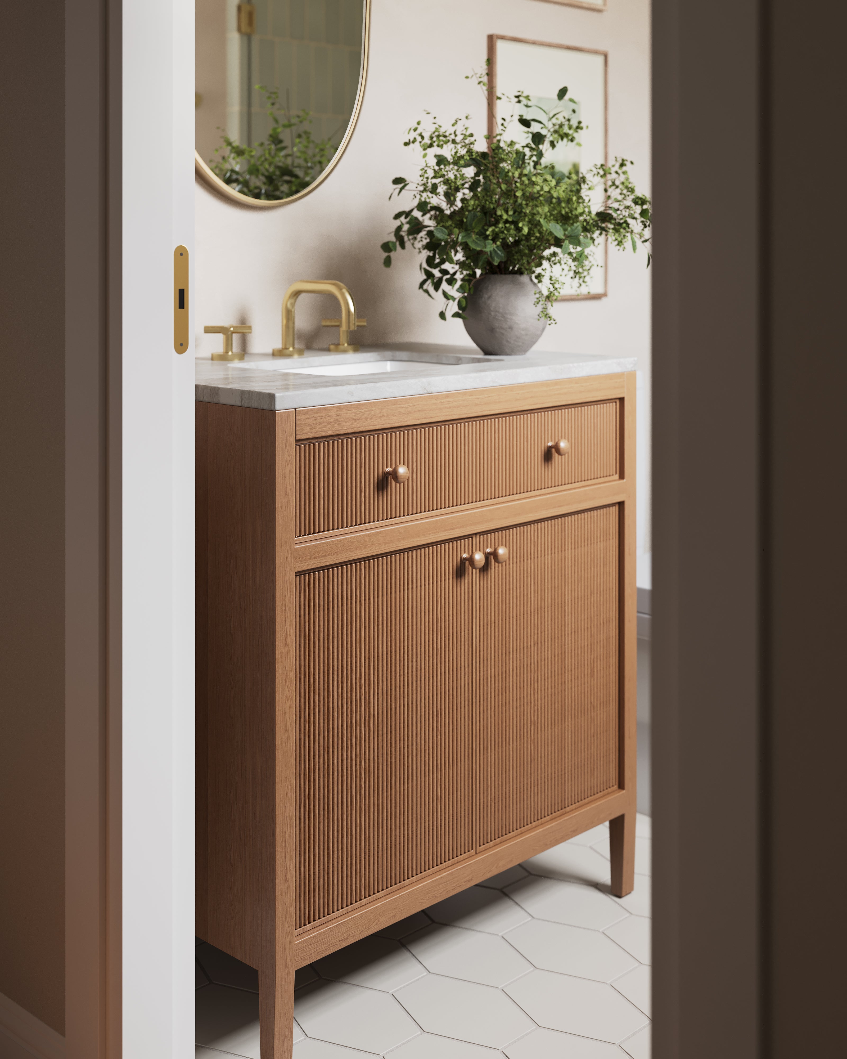 Contour Two Handle Deck Mount Squaretop Lavatory Faucet with Soft Cross Handles in Satin Brass