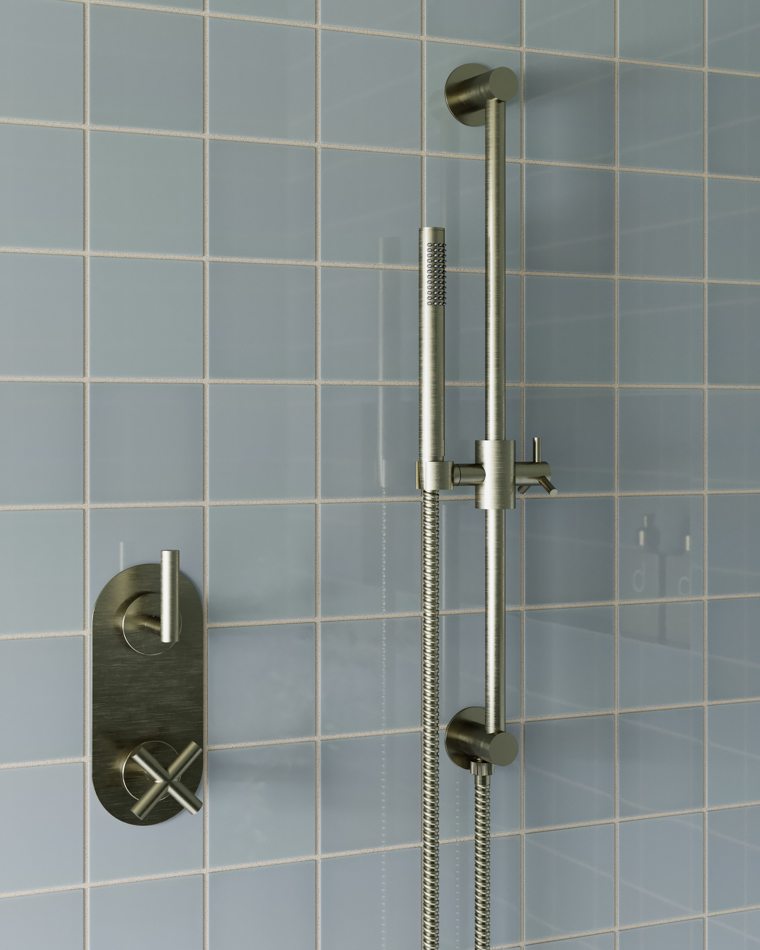 Contour Two Handle Wall Mount Shower Trim with Soft Cross/Soft Lever Handles in Satin Nickel