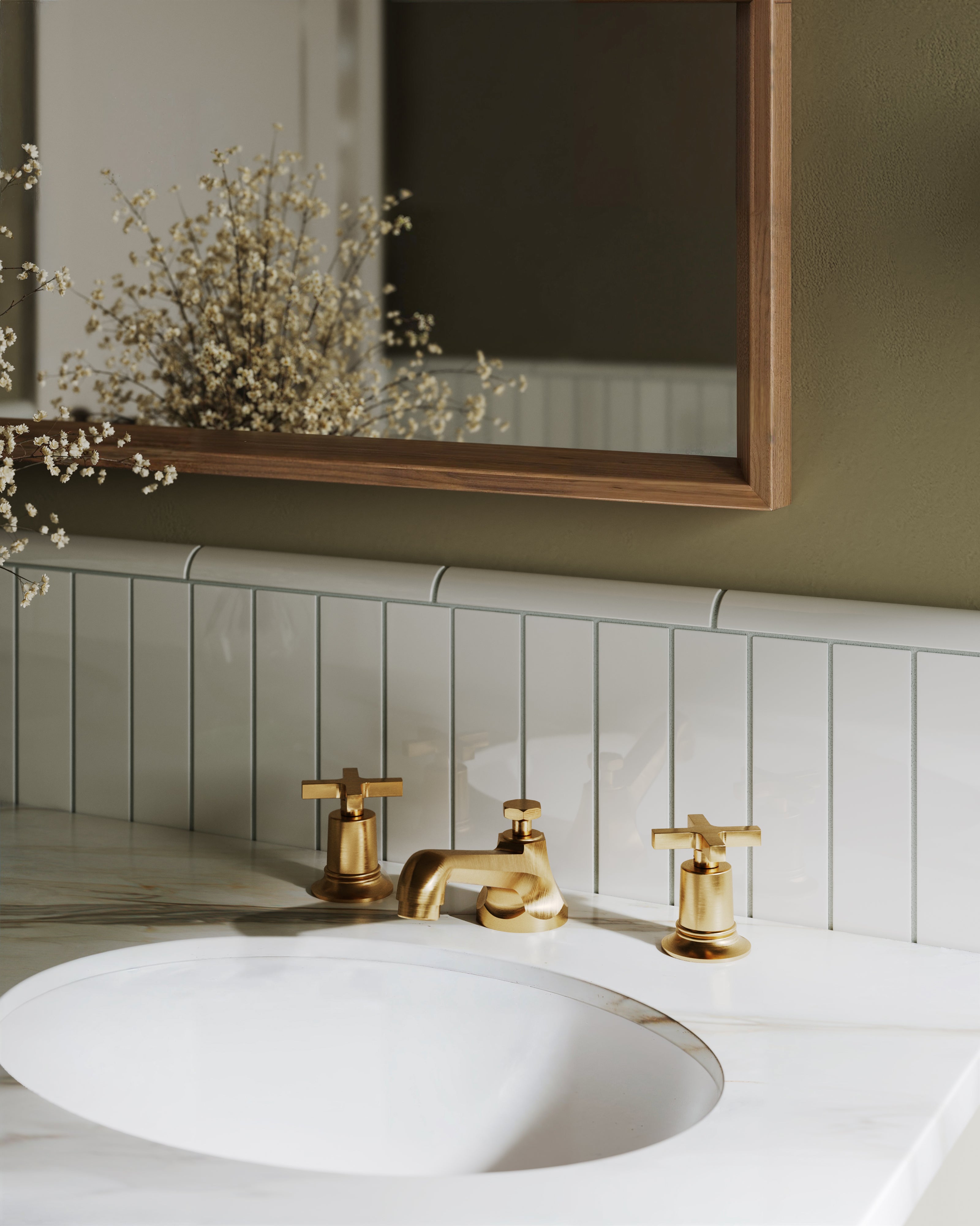 Emerson Two Handle Deck Mount Low Hexagon Lavatory Faucet with Classic Cross Handles in Satin Brass