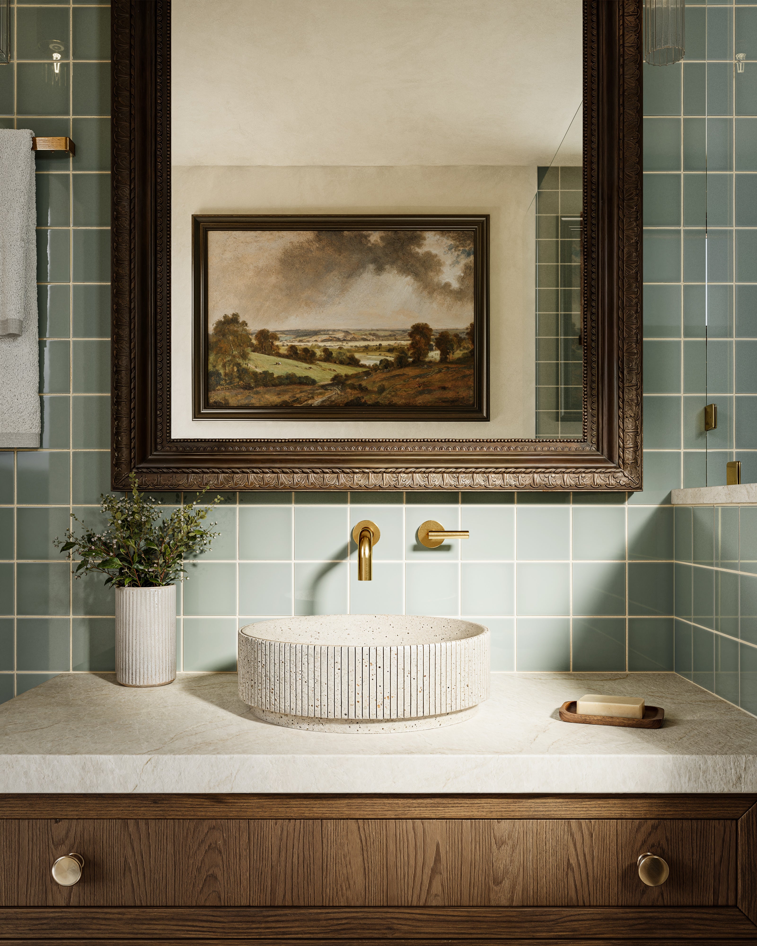 Contour One Handle Wall Mount 7.5" Lavatory Faucet with Soft Lever Handle in Satin Brass