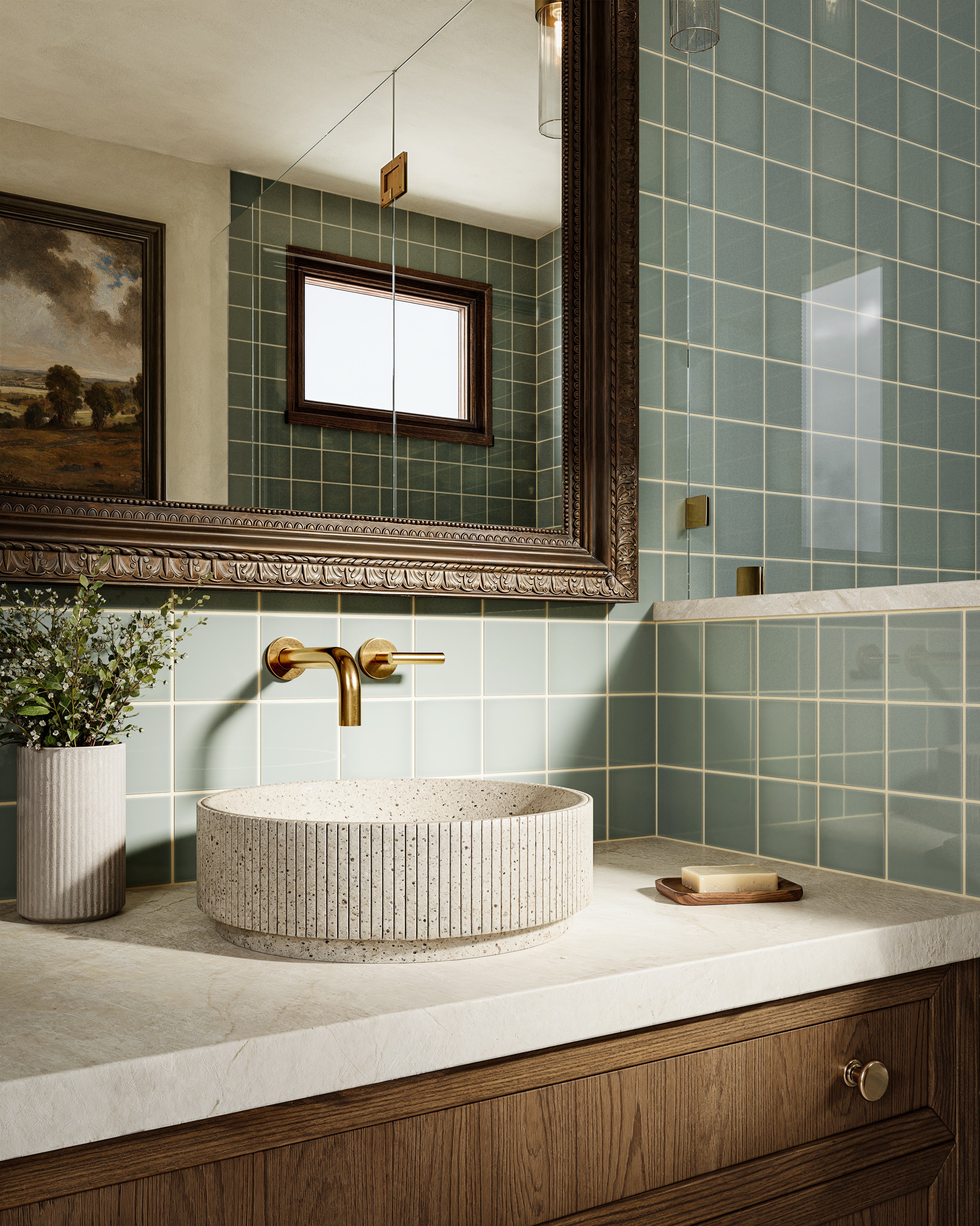 Contour One Handle Wall Mount 7.5" Lavatory Faucet with Soft Lever Handle in Satin Brass
