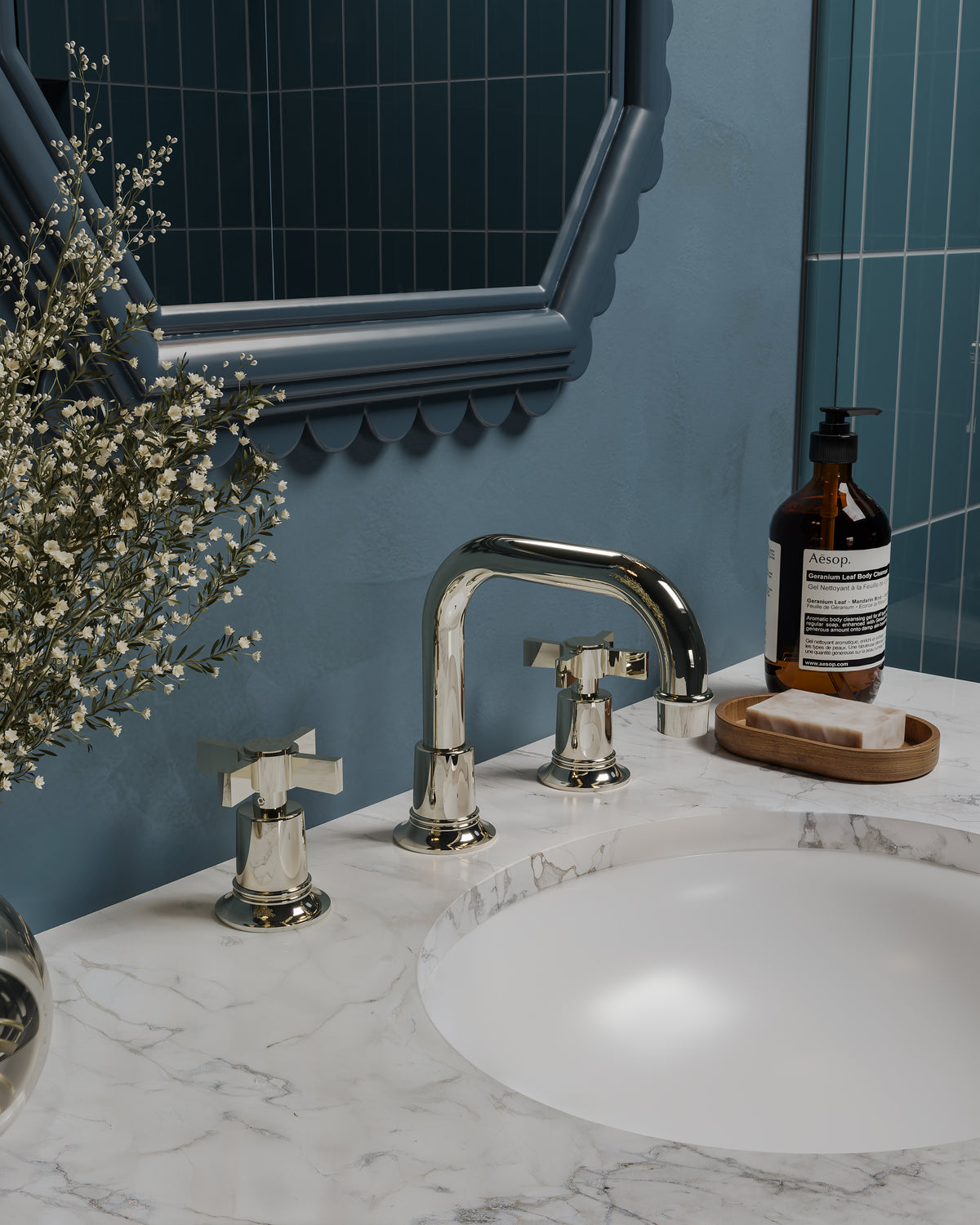 Emerson Two Handle Deck Mount Squaretop Lavatory Faucet with Defined Cross Handles in Polished Nickel