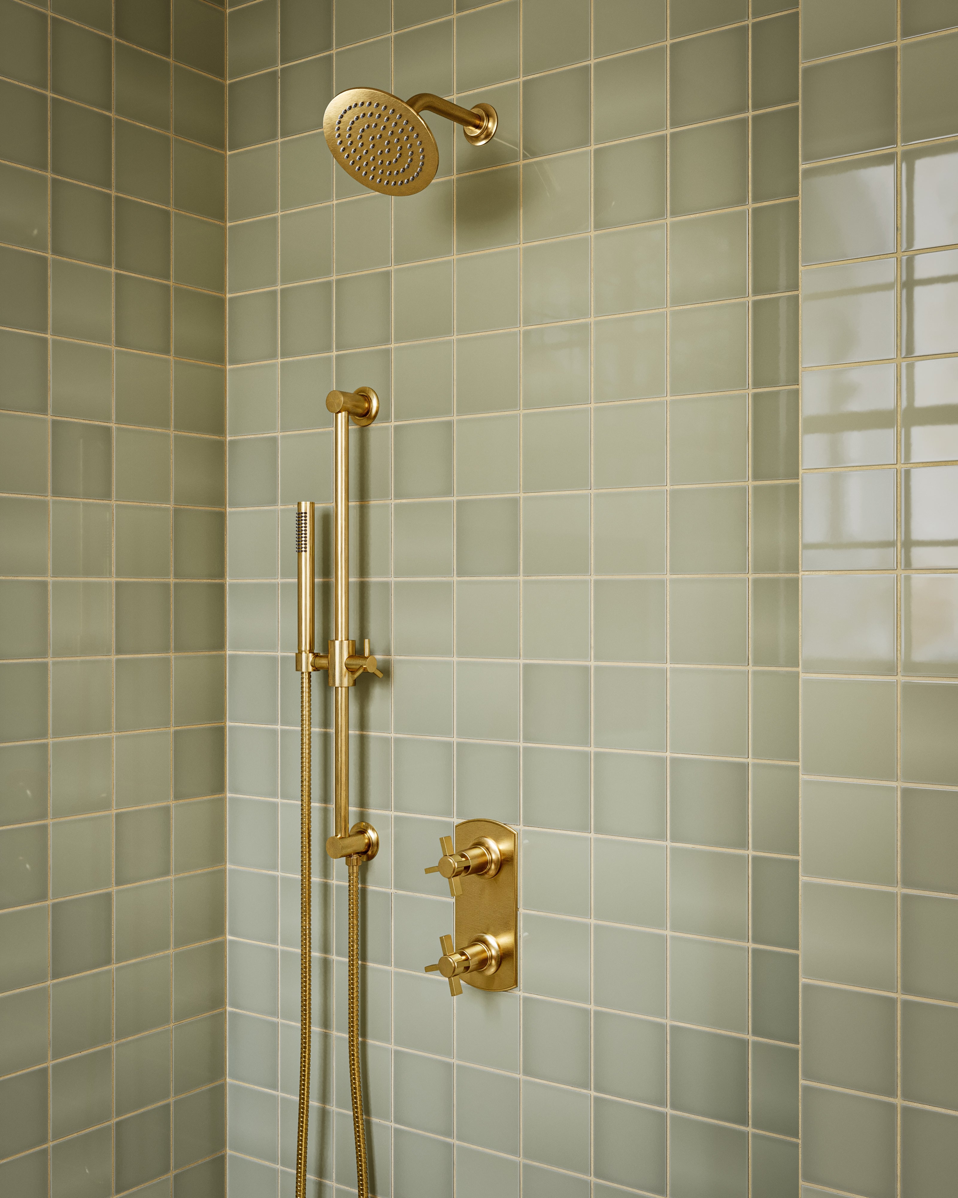 Emerson Two Handle Wall Mount Shower Trim with Defined Cross Handles in Satin Brass