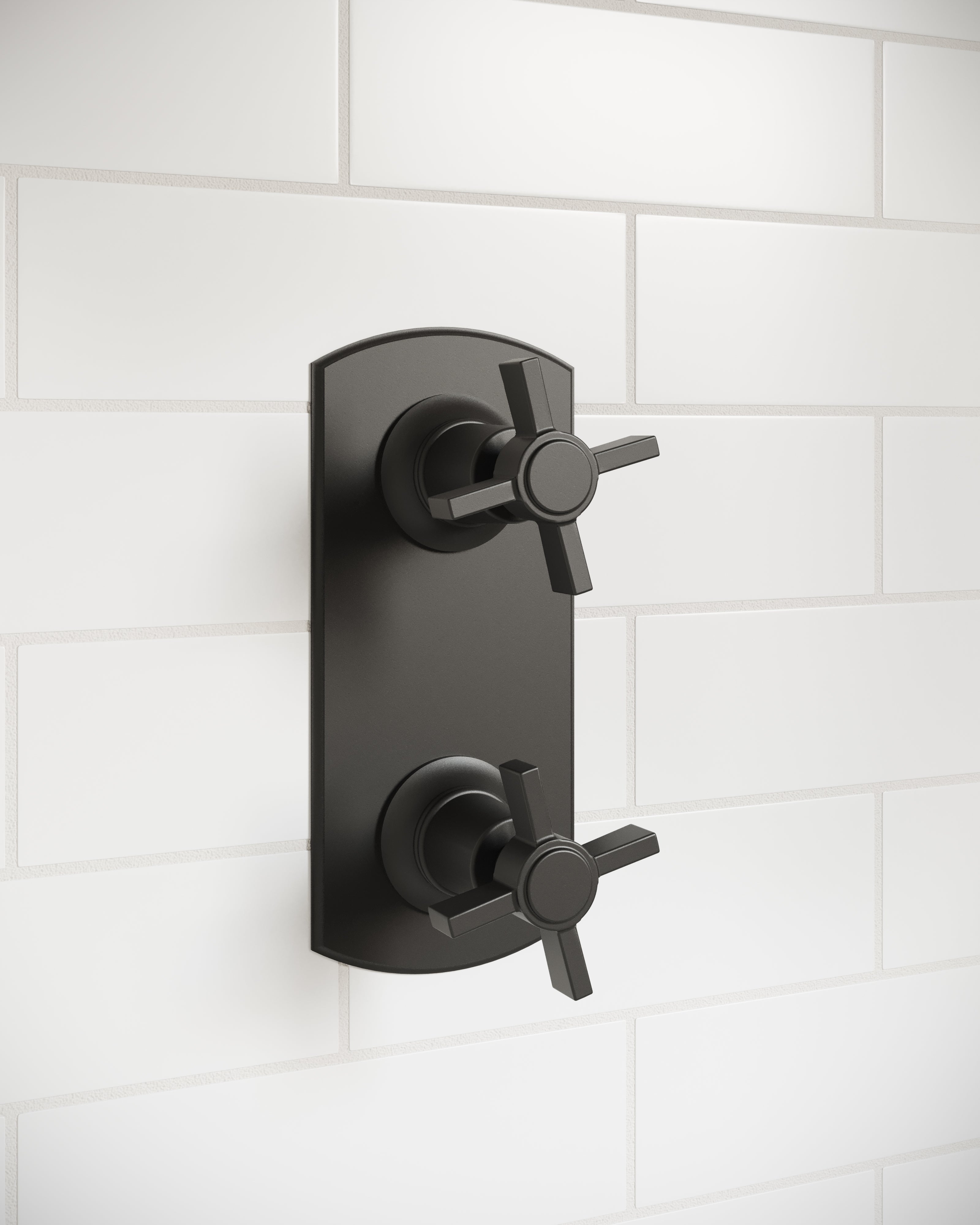 Emerson Two Handle Wall Mount Shower Trim with Defined Cross Handles in Matte Black