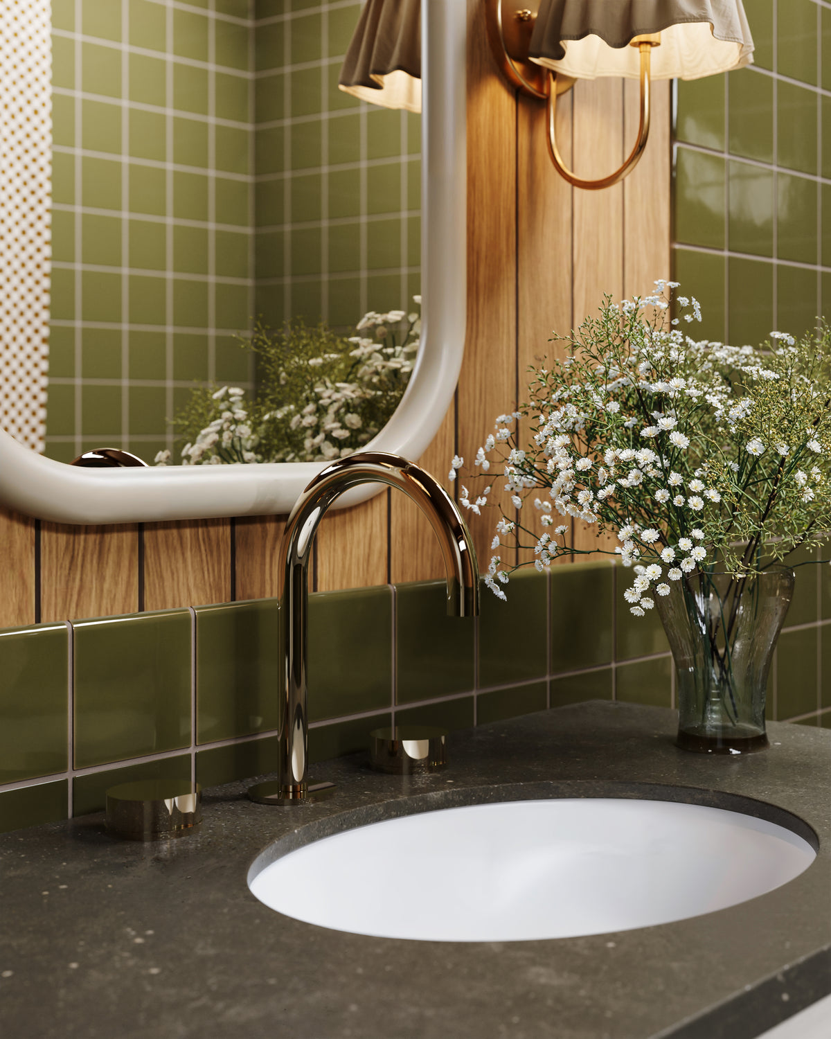 Foundry Two Handle Deck Mount Gooseneck Lavatory Faucet with Barrel Knob Handles in Polished Nickel