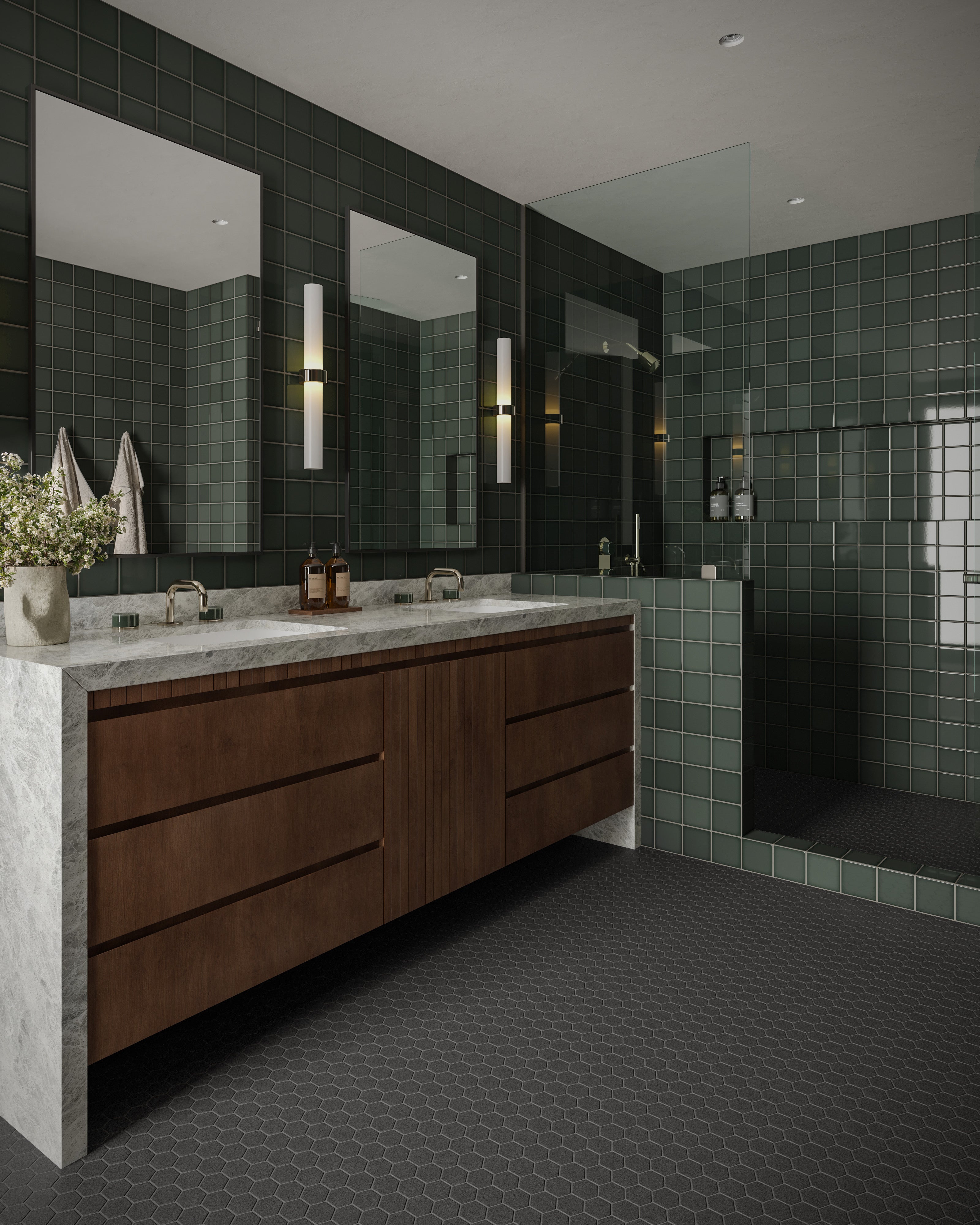 2" Hexagon Sheeted Original Ceramic Mosaic Tile in Graphite