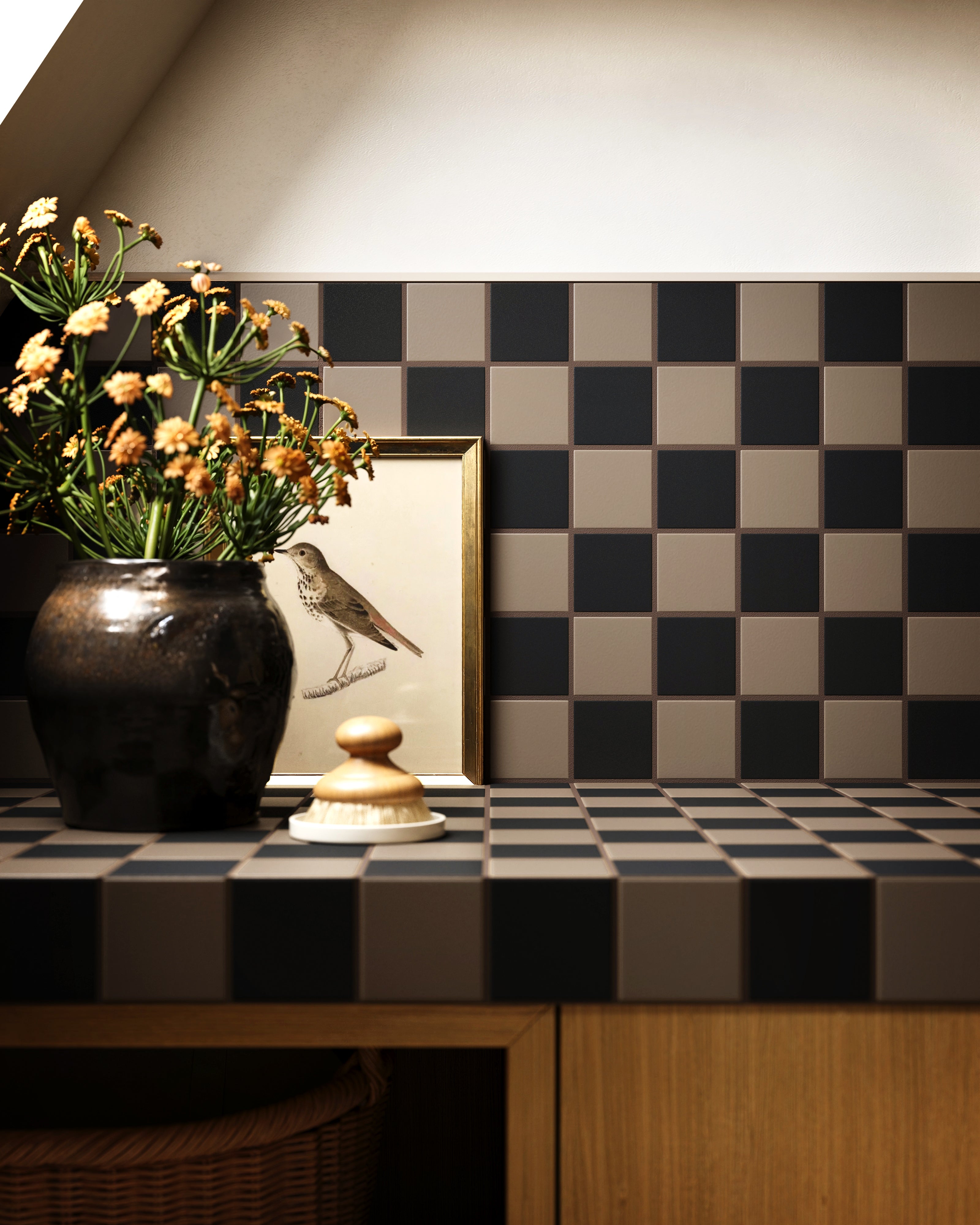 3x3 Checkerboard Sheeted Original Ceramic Tile in Cardamom Matte & Raven Matte